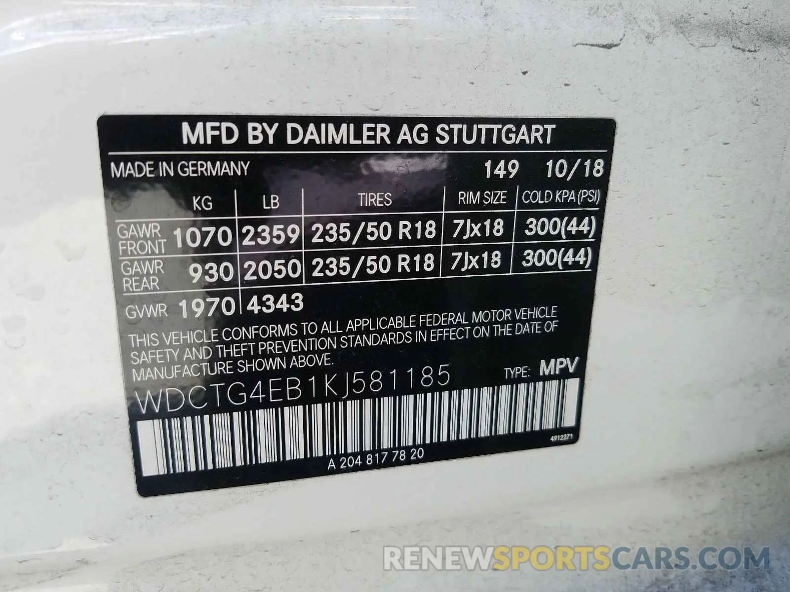 10 Photograph of a damaged car WDCTG4EB1KJ581185 MERCEDES-BENZ G CLASS 2019