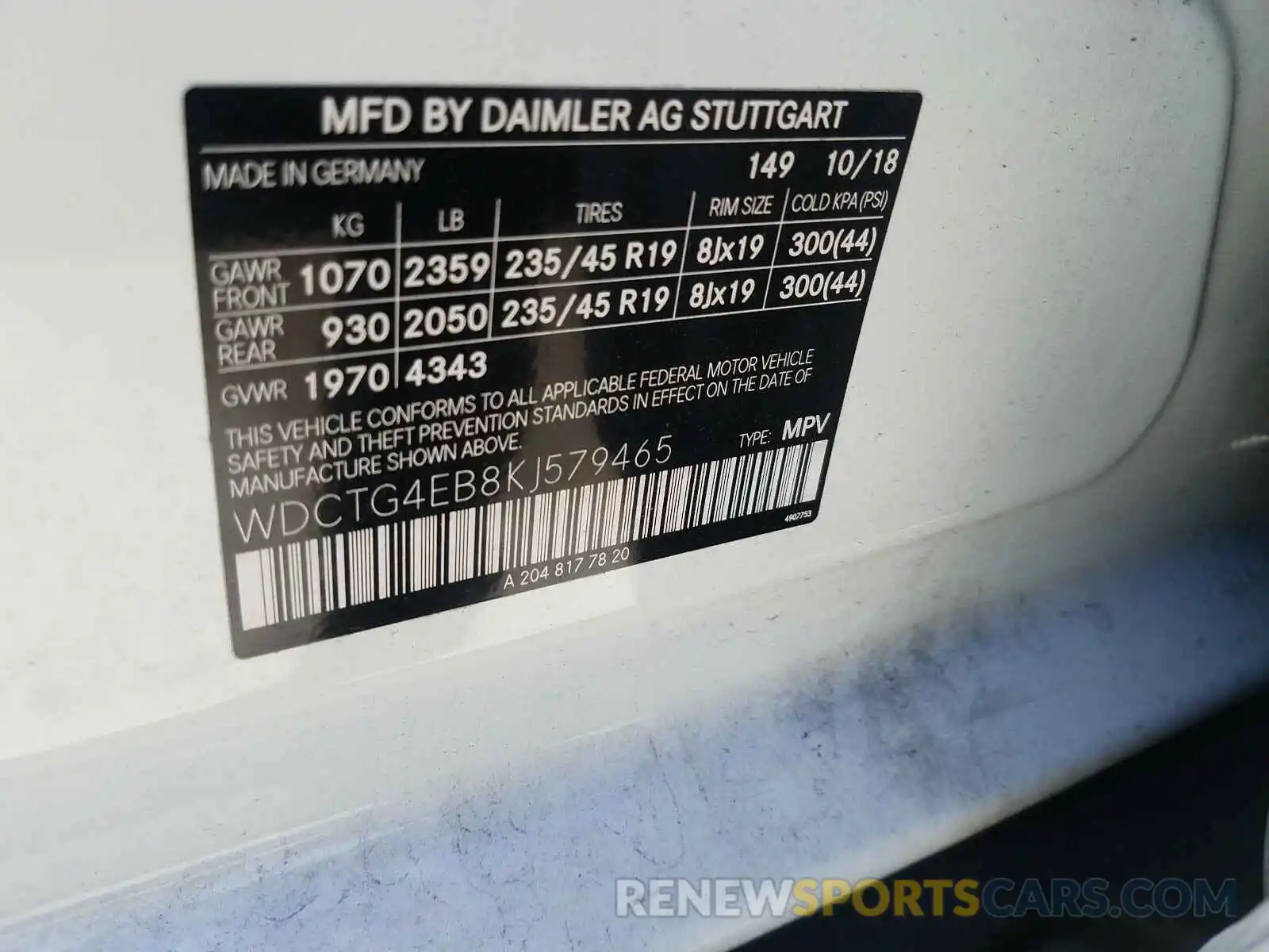 10 Photograph of a damaged car WDCTG4EB8KJ579465 MERCEDES-BENZ G CLASS 2019