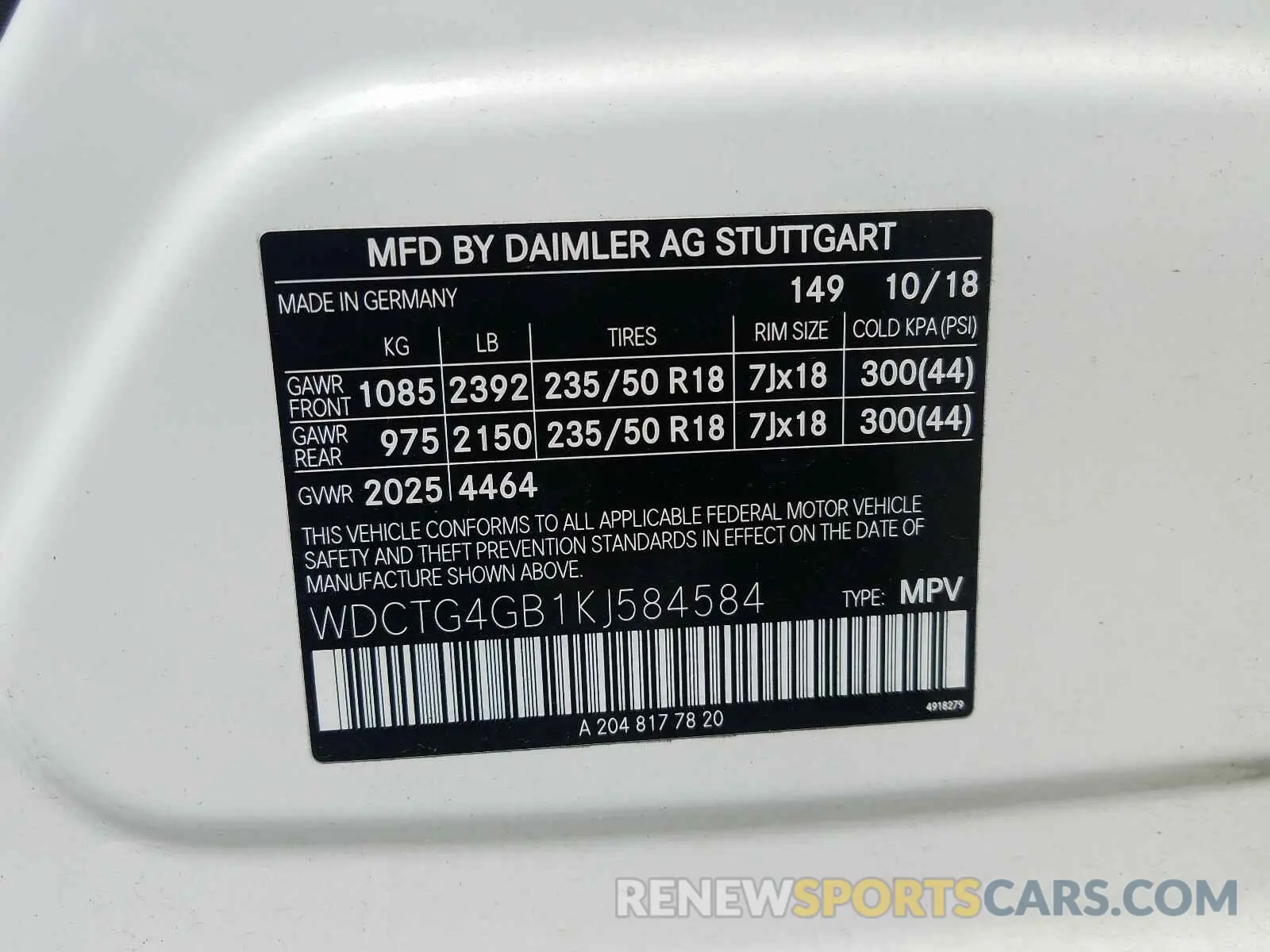 10 Photograph of a damaged car WDCTG4GB1KJ584584 MERCEDES-BENZ G CLASS 2019