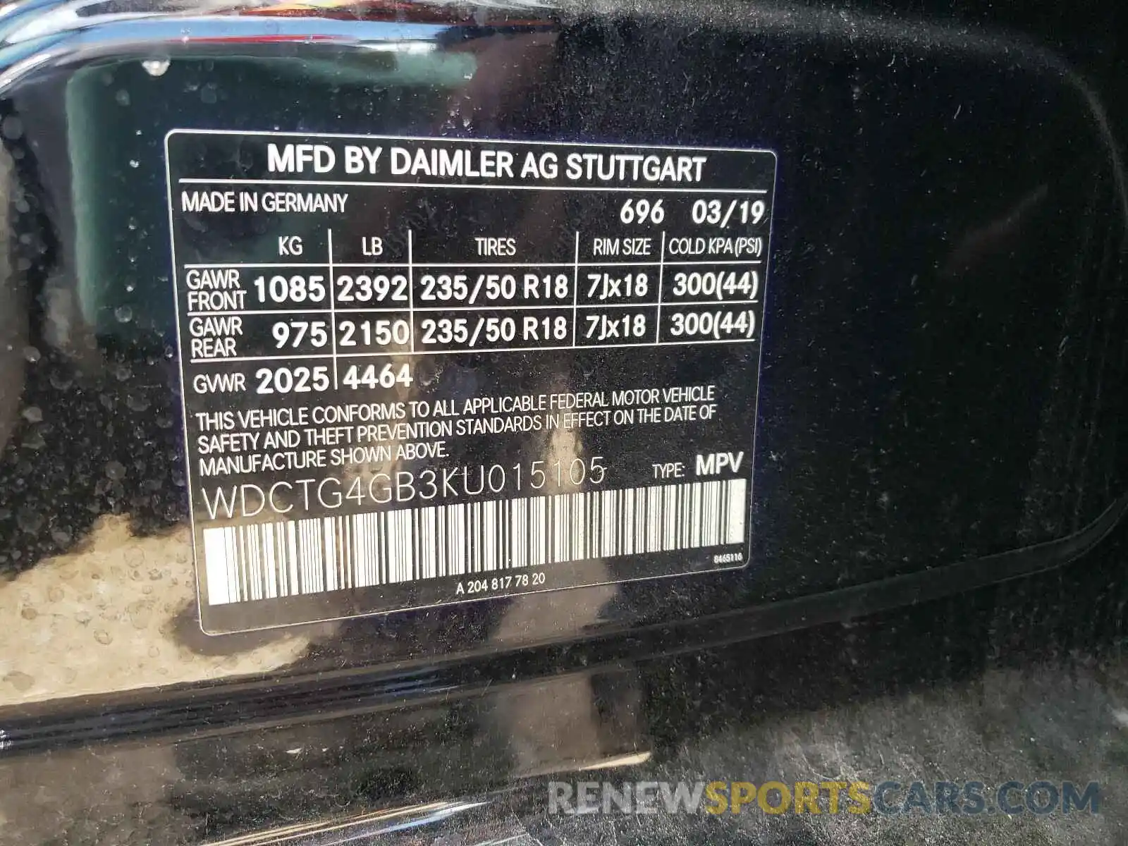 10 Photograph of a damaged car WDCTG4GB3KU015105 MERCEDES-BENZ G CLASS 2019