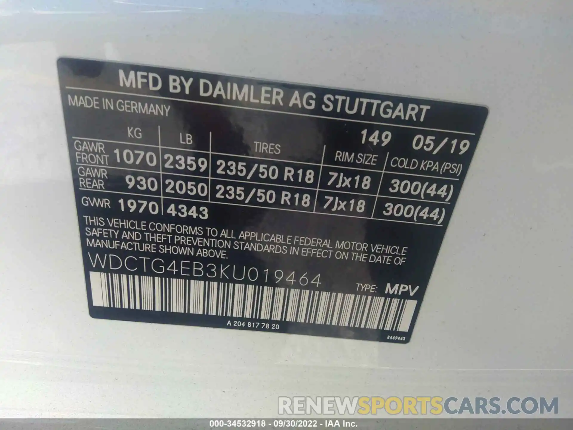 9 Photograph of a damaged car WDCTG4EB3KU019464 MERCEDES-BENZ GLA 2019