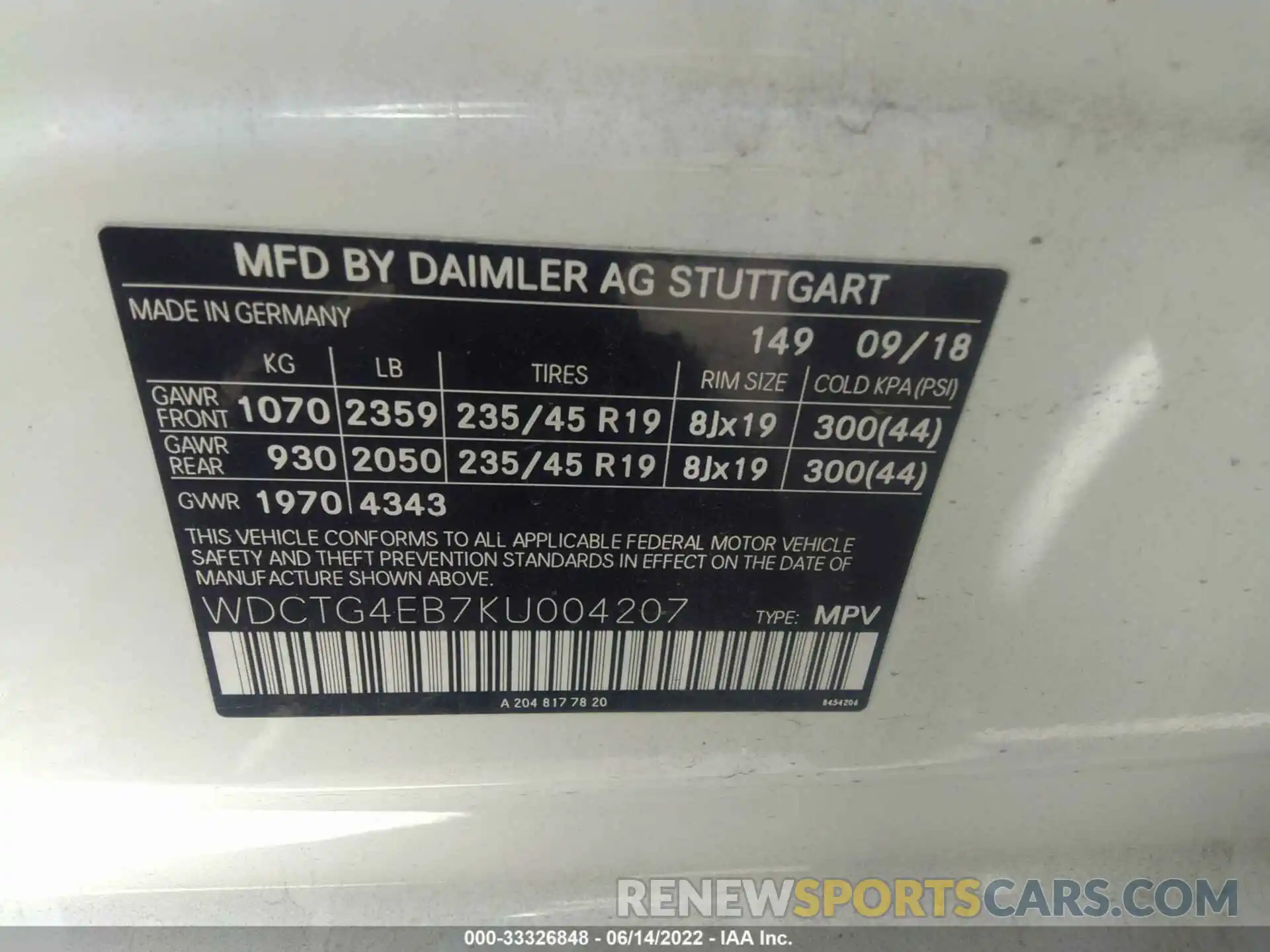 9 Photograph of a damaged car WDCTG4EB7KU004207 MERCEDES-BENZ GLA 2019