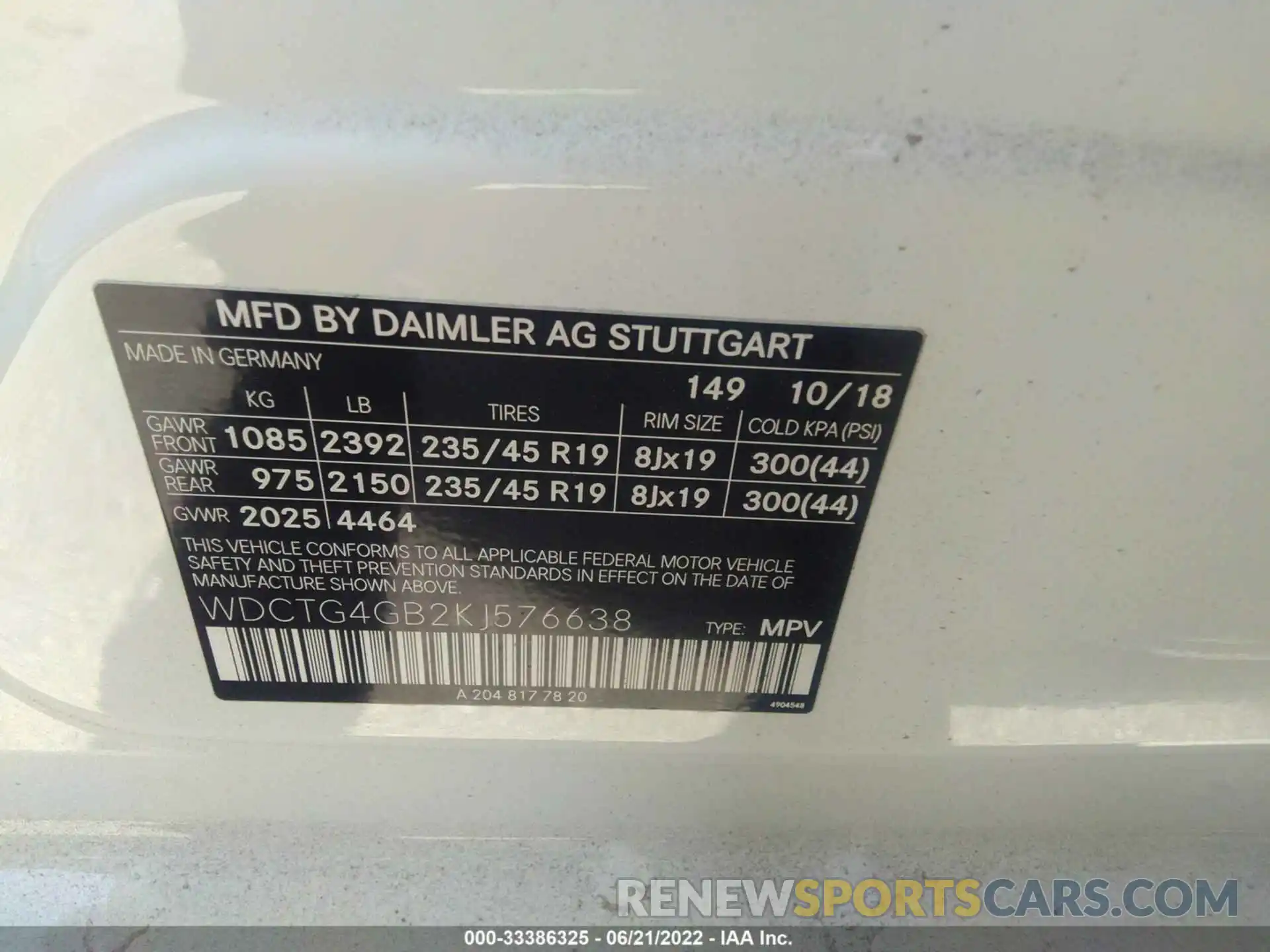 9 Photograph of a damaged car WDCTG4GB2KJ576638 MERCEDES-BENZ GLA 2019