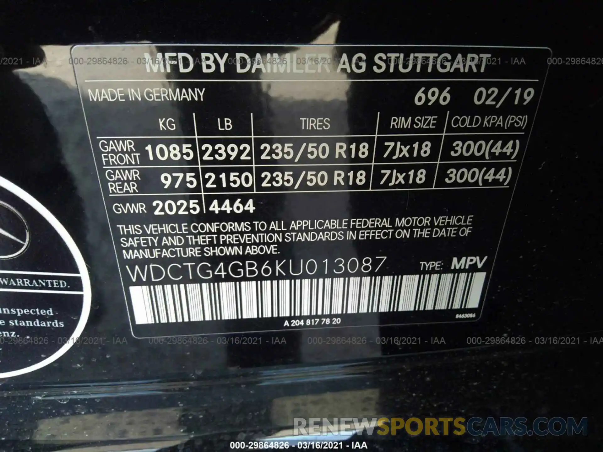 9 Photograph of a damaged car WDCTG4GB6KU013087 MERCEDES-BENZ GLA 2019