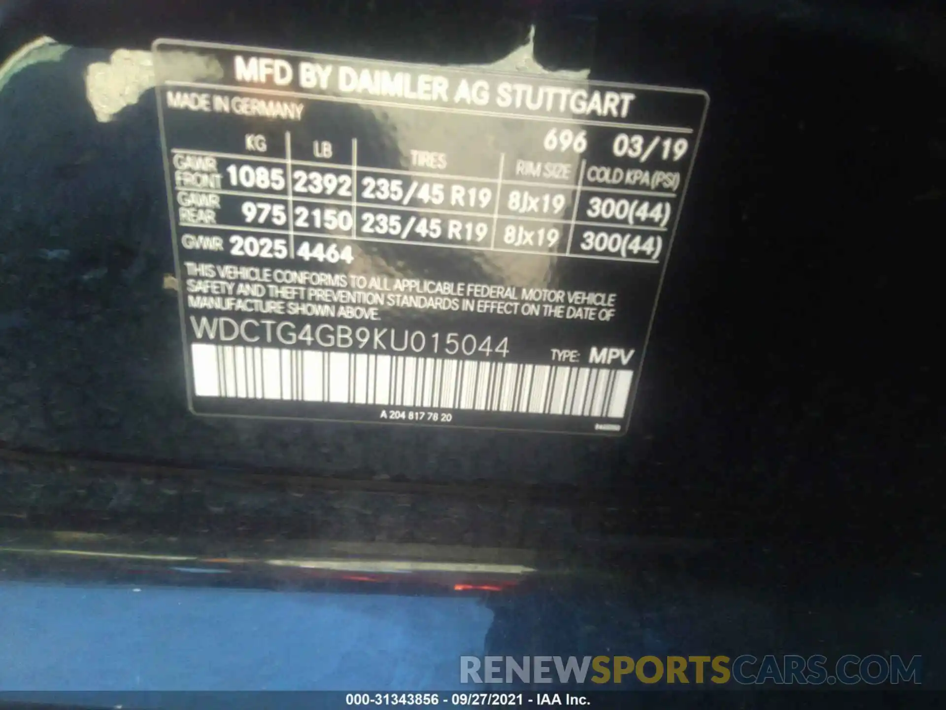 9 Photograph of a damaged car WDCTG4GB9KU015044 MERCEDES-BENZ GLA 2019