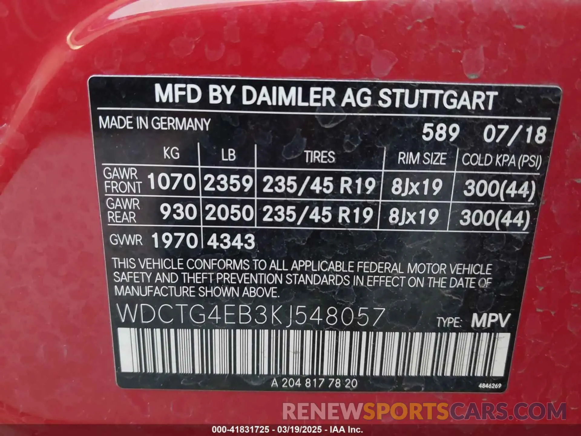 9 Photograph of a damaged car WDCTG4EB3KJ548057 MERCEDES-BENZ GLA 250 2019