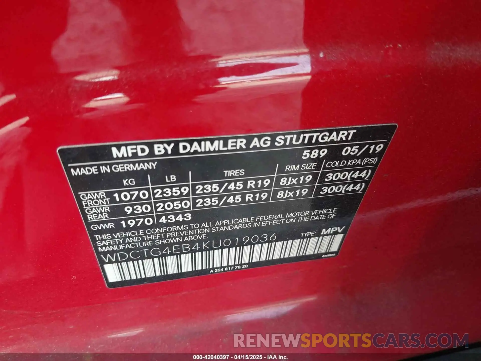 9 Photograph of a damaged car WDCTG4EB4KU019036 MERCEDES-BENZ GLA 250 2019