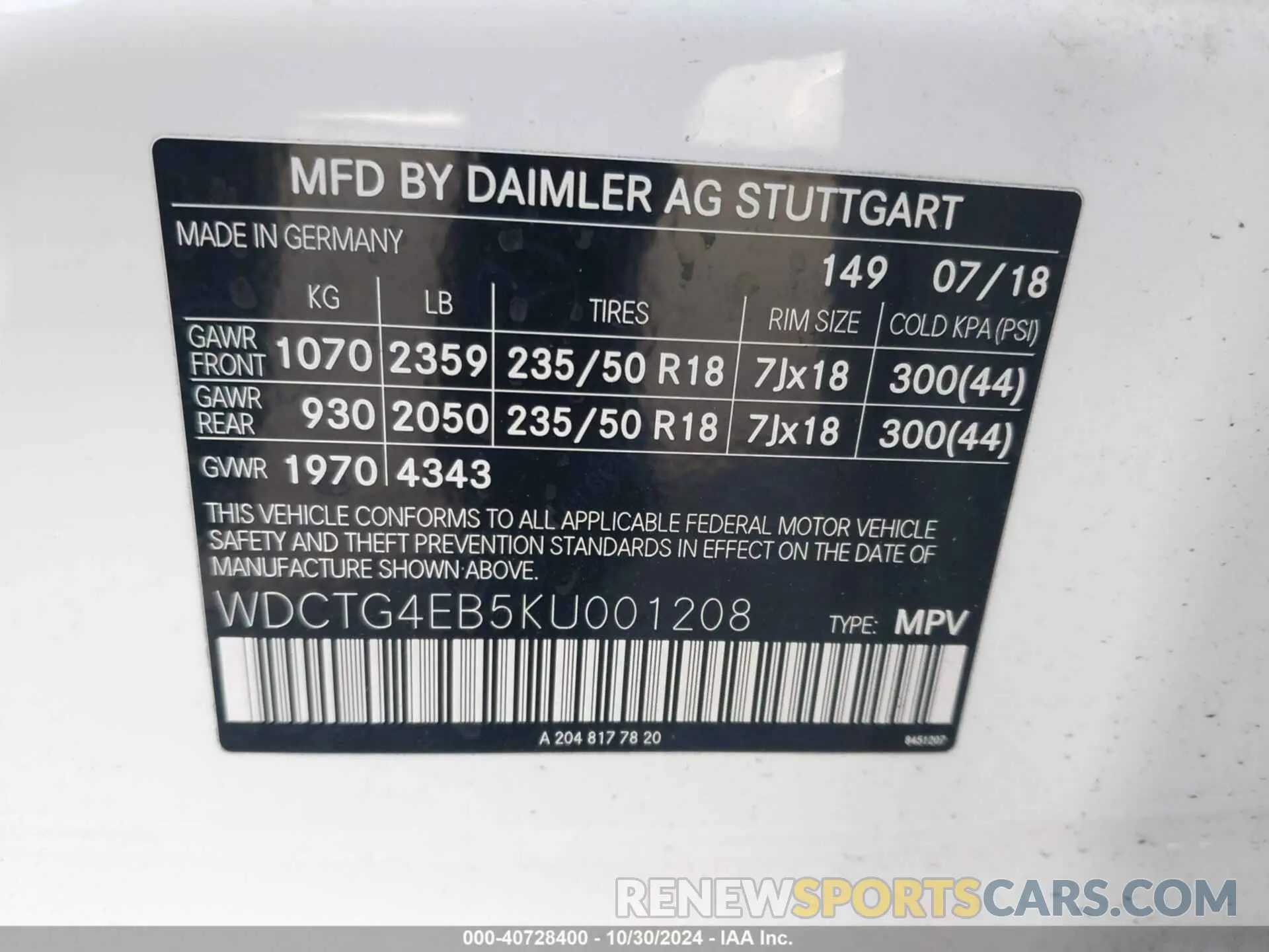 9 Photograph of a damaged car WDCTG4EB5KU001208 MERCEDES-BENZ GLA 250 2019