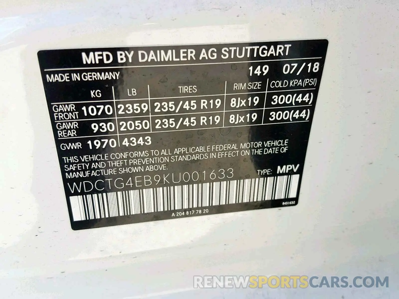 10 Photograph of a damaged car WDCTG4EB9KU001633 MERCEDES-BENZ GLA 250 2019