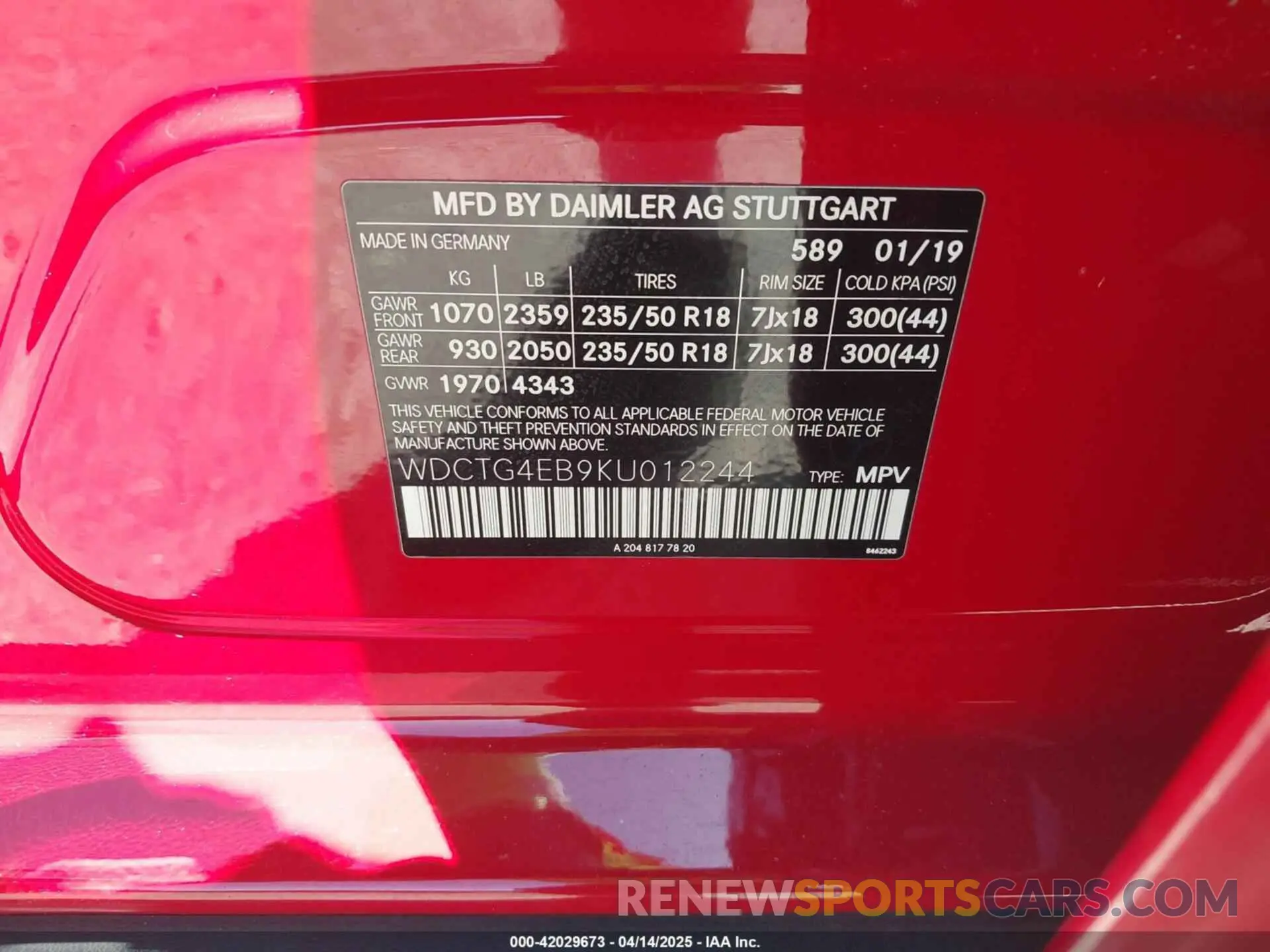 9 Photograph of a damaged car WDCTG4EB9KU012244 MERCEDES-BENZ GLA 250 2019