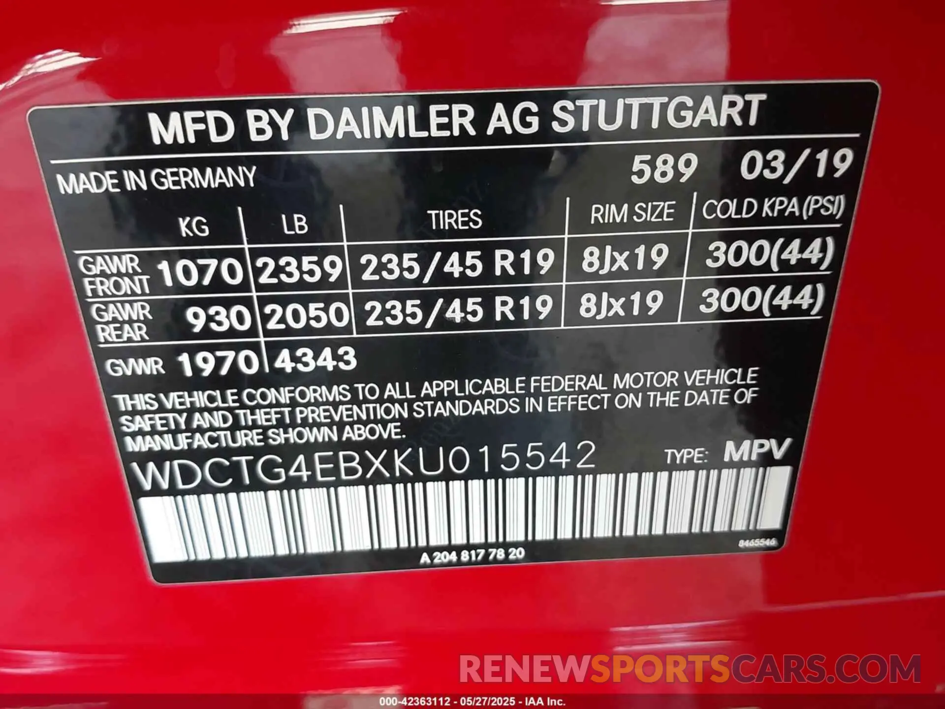 9 Photograph of a damaged car WDCTG4EBXKU015542 MERCEDES-BENZ GLA 250 2019