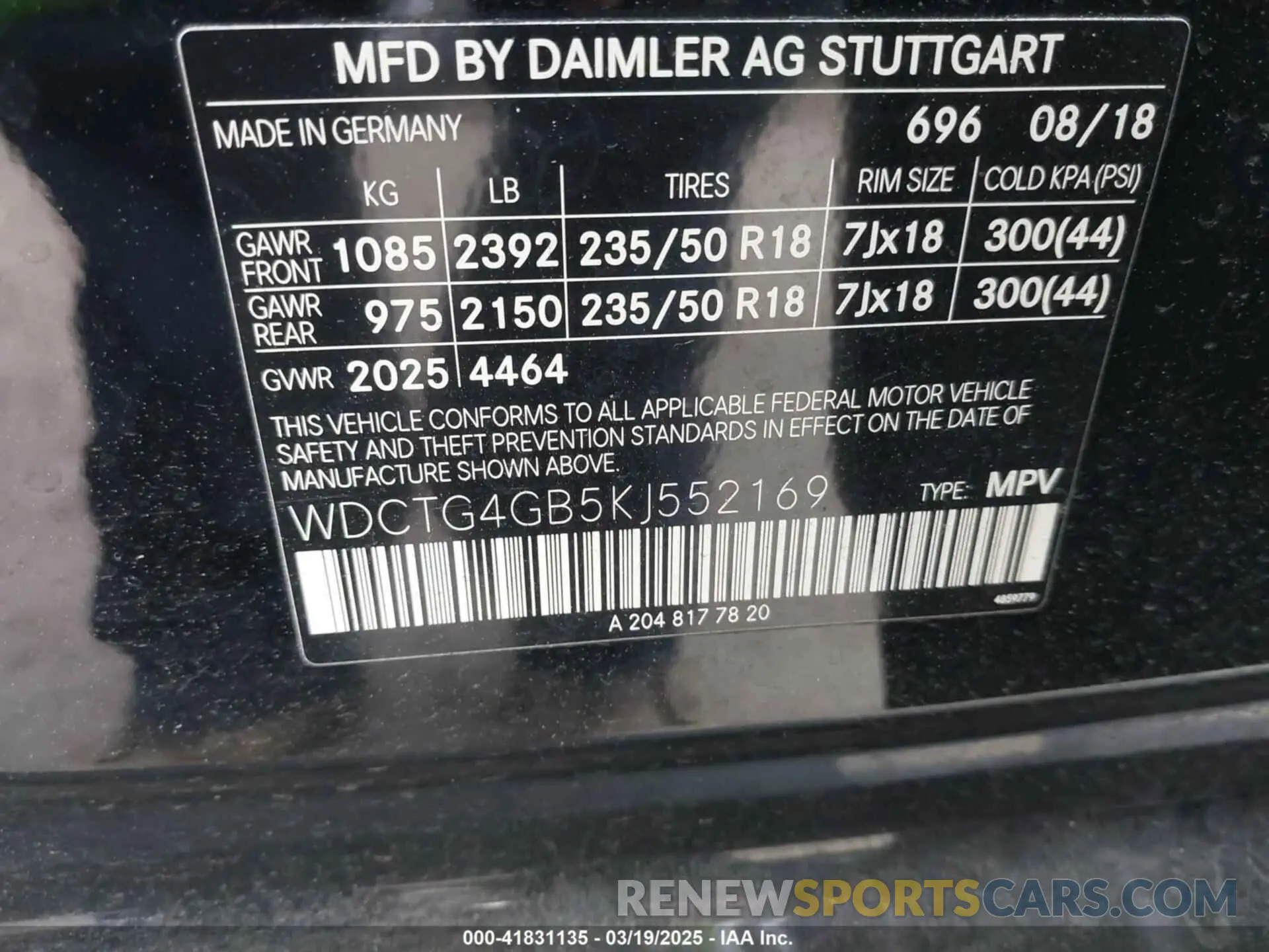 9 Photograph of a damaged car WDCTG4GB5KJ552169 MERCEDES-BENZ GLA 250 2019