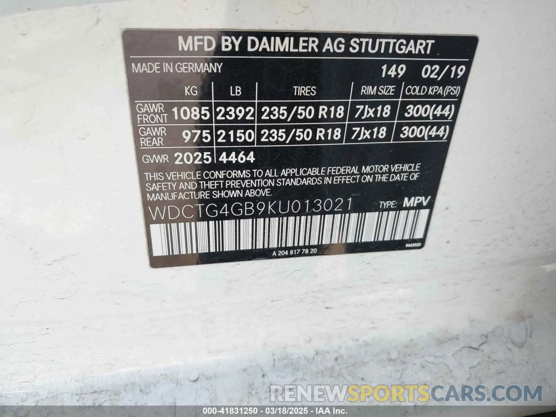 9 Photograph of a damaged car WDCTG4GB9KU013021 MERCEDES-BENZ GLA 250 2019