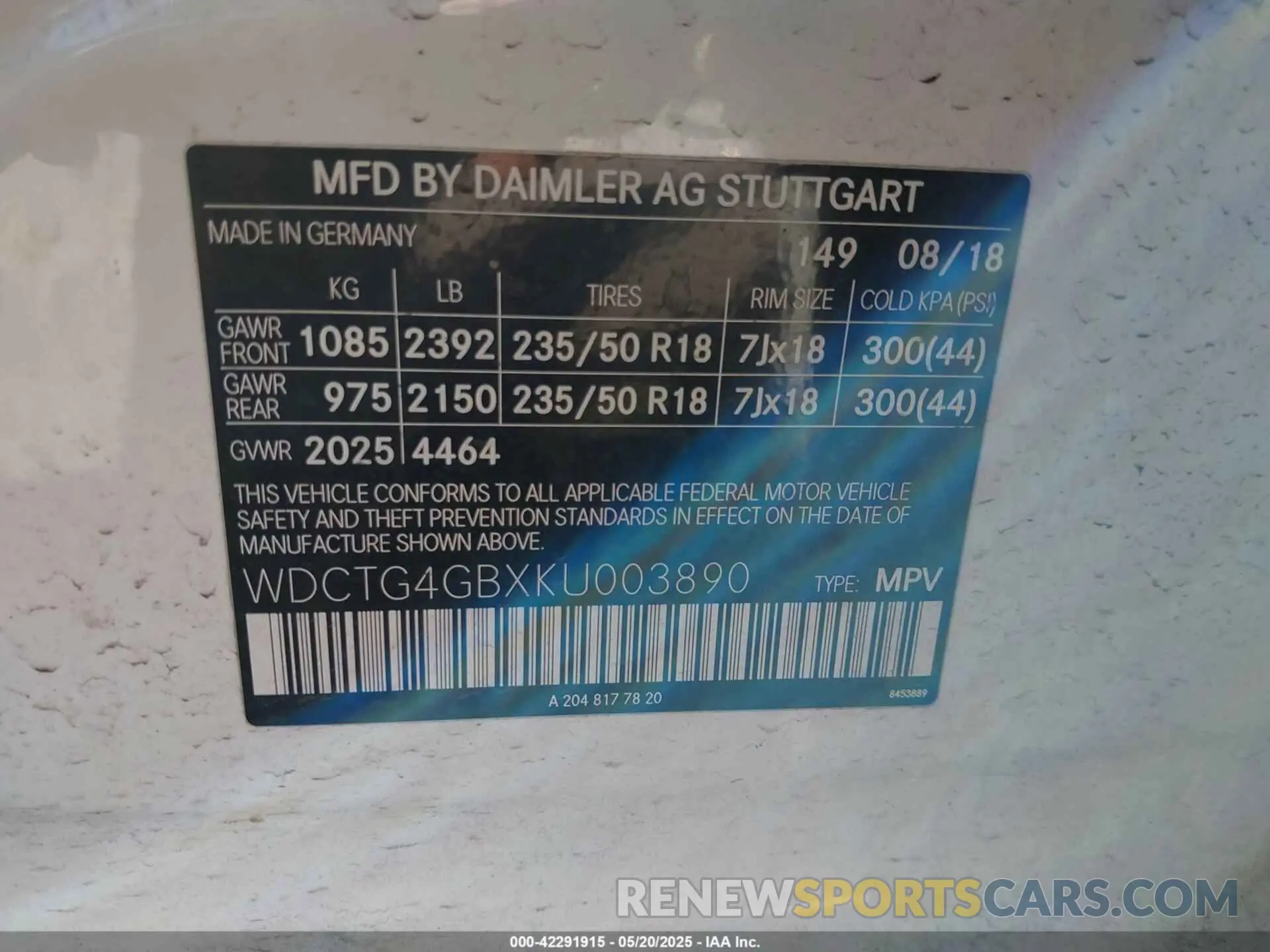 9 Photograph of a damaged car WDCTG4GBXKU003890 MERCEDES-BENZ GLA 250 2019