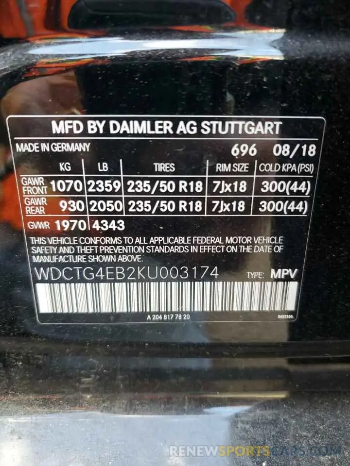 12 Photograph of a damaged car WDCTG4EB2KU003174 MERCEDES-BENZ GLA-CLASS 2019