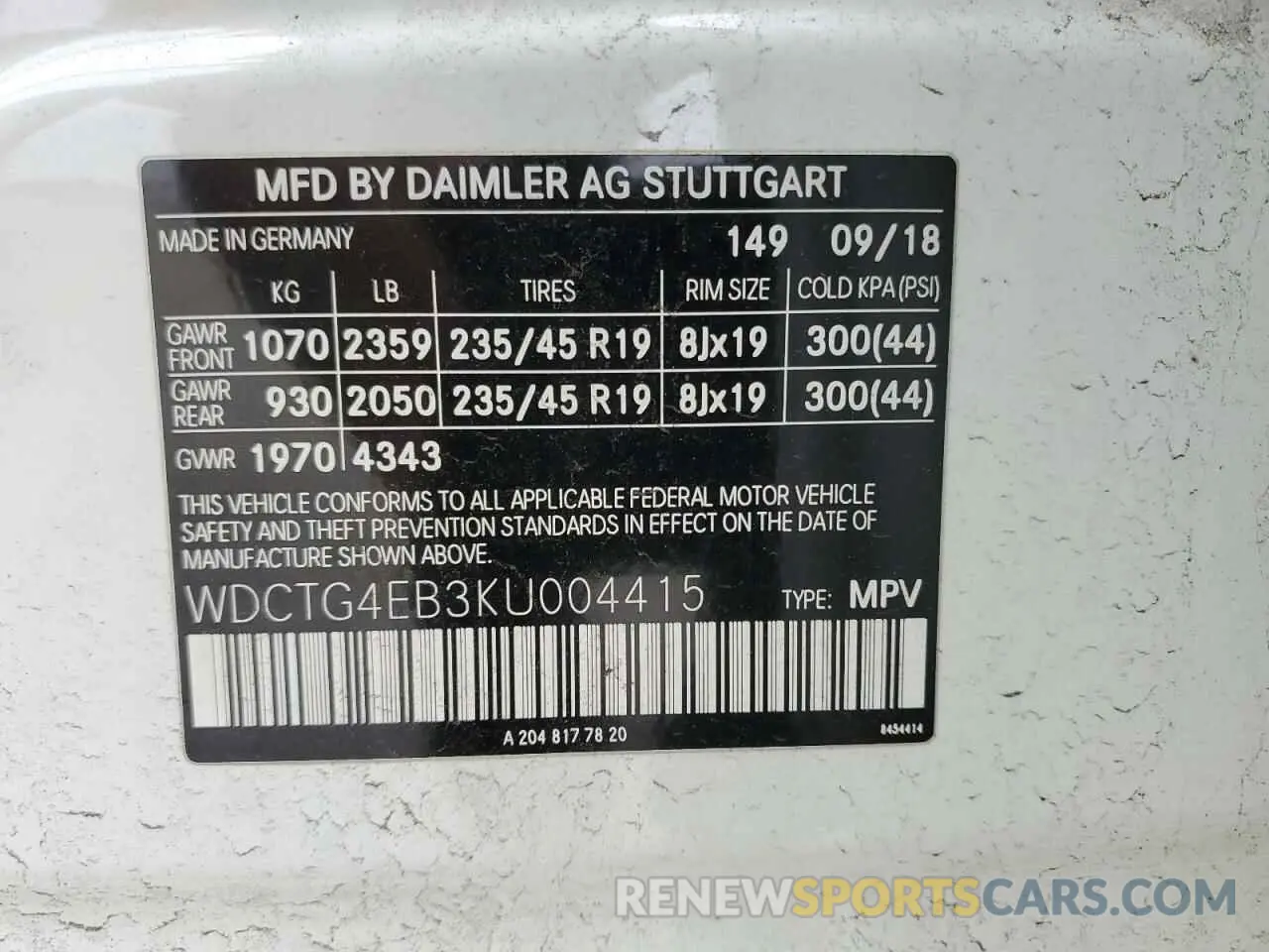 12 Photograph of a damaged car WDCTG4EB3KU004415 MERCEDES-BENZ GLA-CLASS 2019