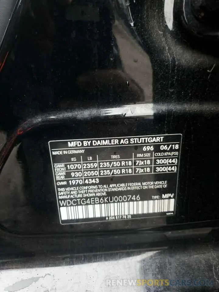 13 Photograph of a damaged car WDCTG4EB6KU000746 MERCEDES-BENZ GLA-CLASS 2019