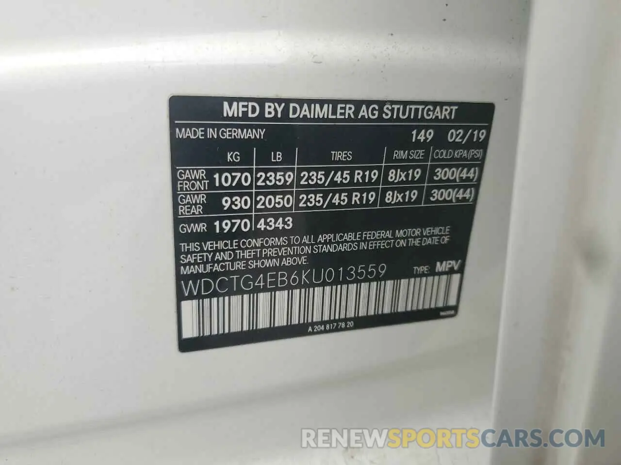 13 Photograph of a damaged car WDCTG4EB6KU013559 MERCEDES-BENZ GLA-CLASS 2019