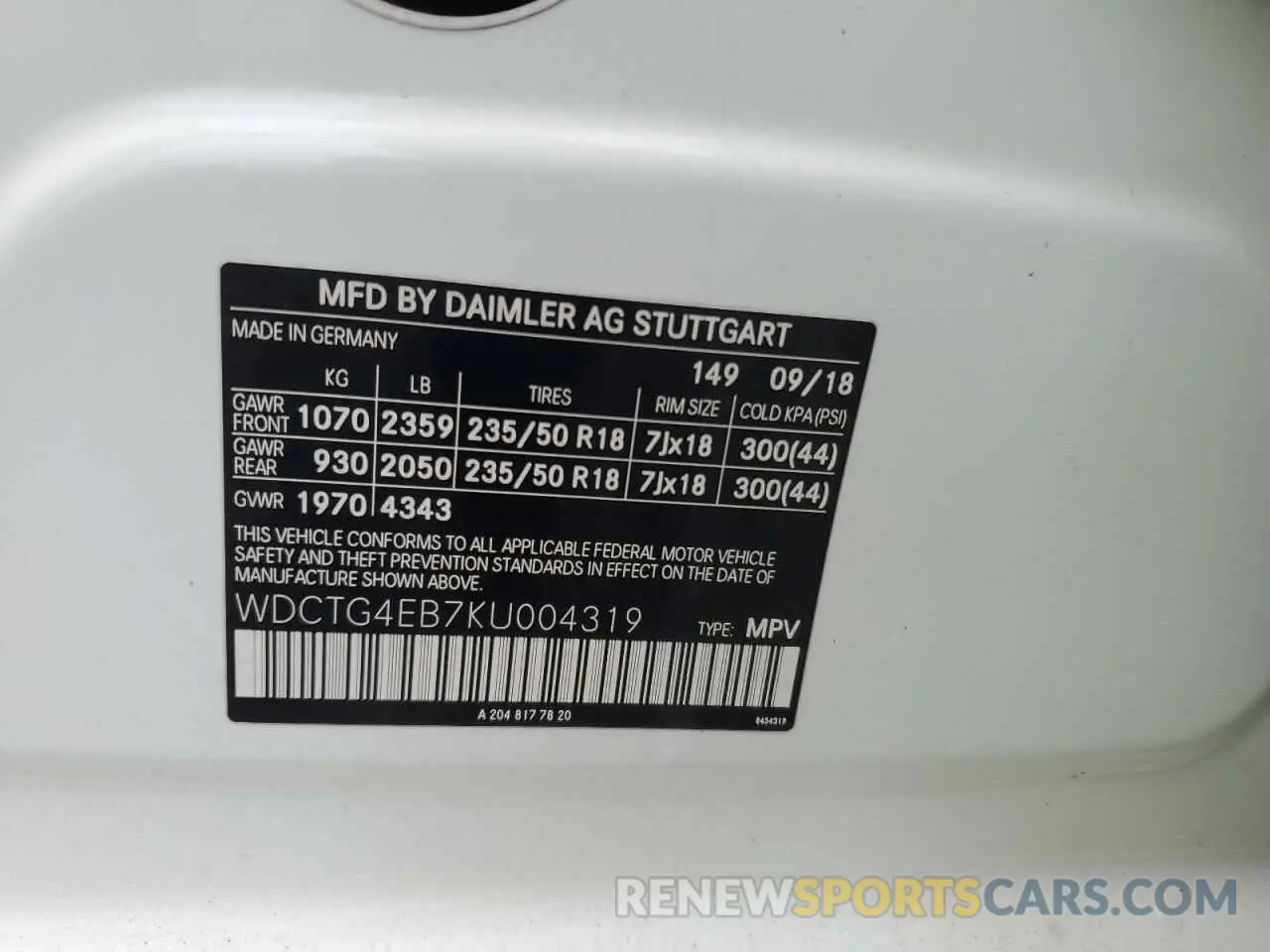 13 Photograph of a damaged car WDCTG4EB7KU004319 MERCEDES-BENZ GLA-CLASS 2019