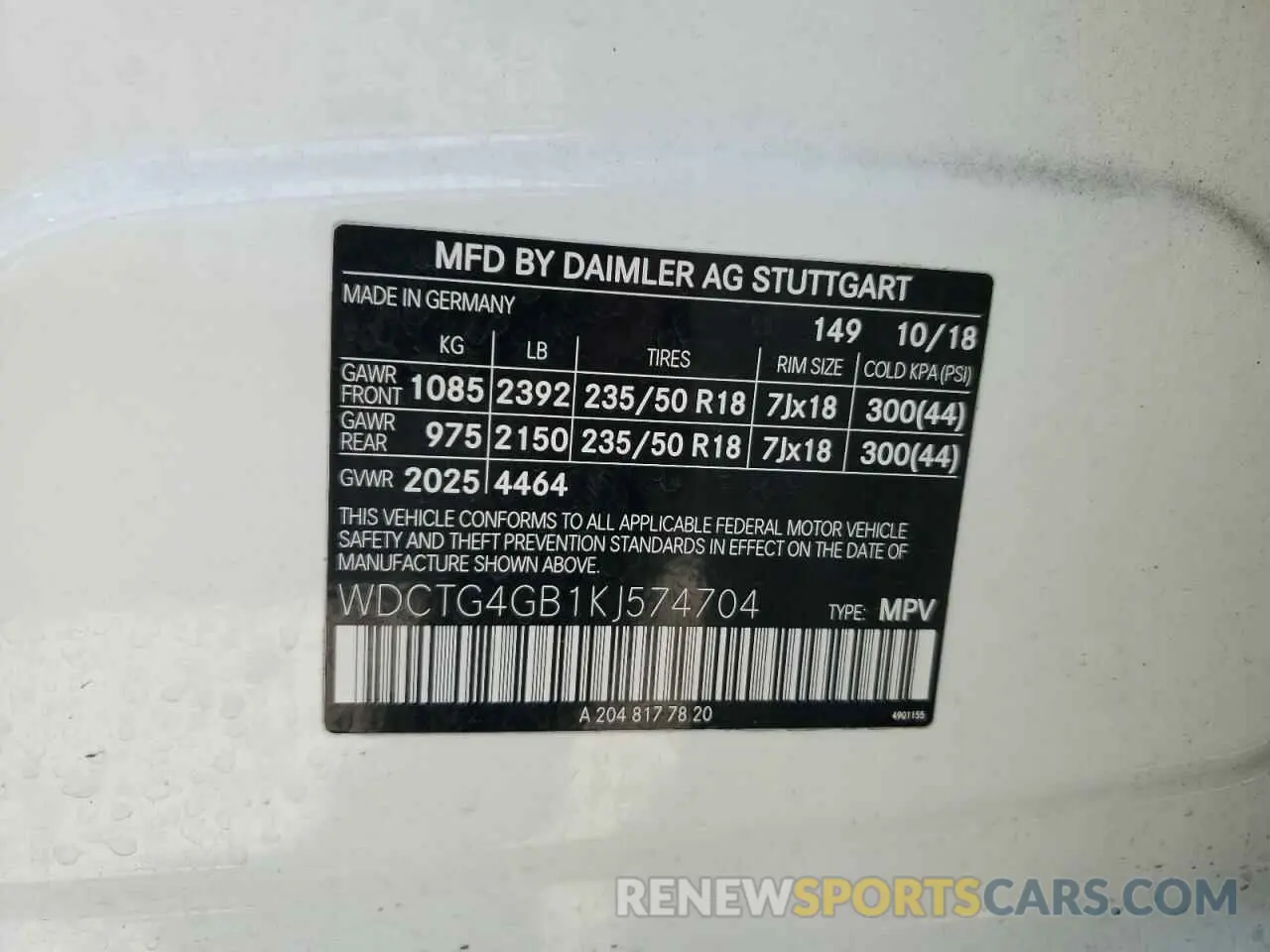 13 Photograph of a damaged car WDCTG4GB1KJ574704 MERCEDES-BENZ GLA-CLASS 2019