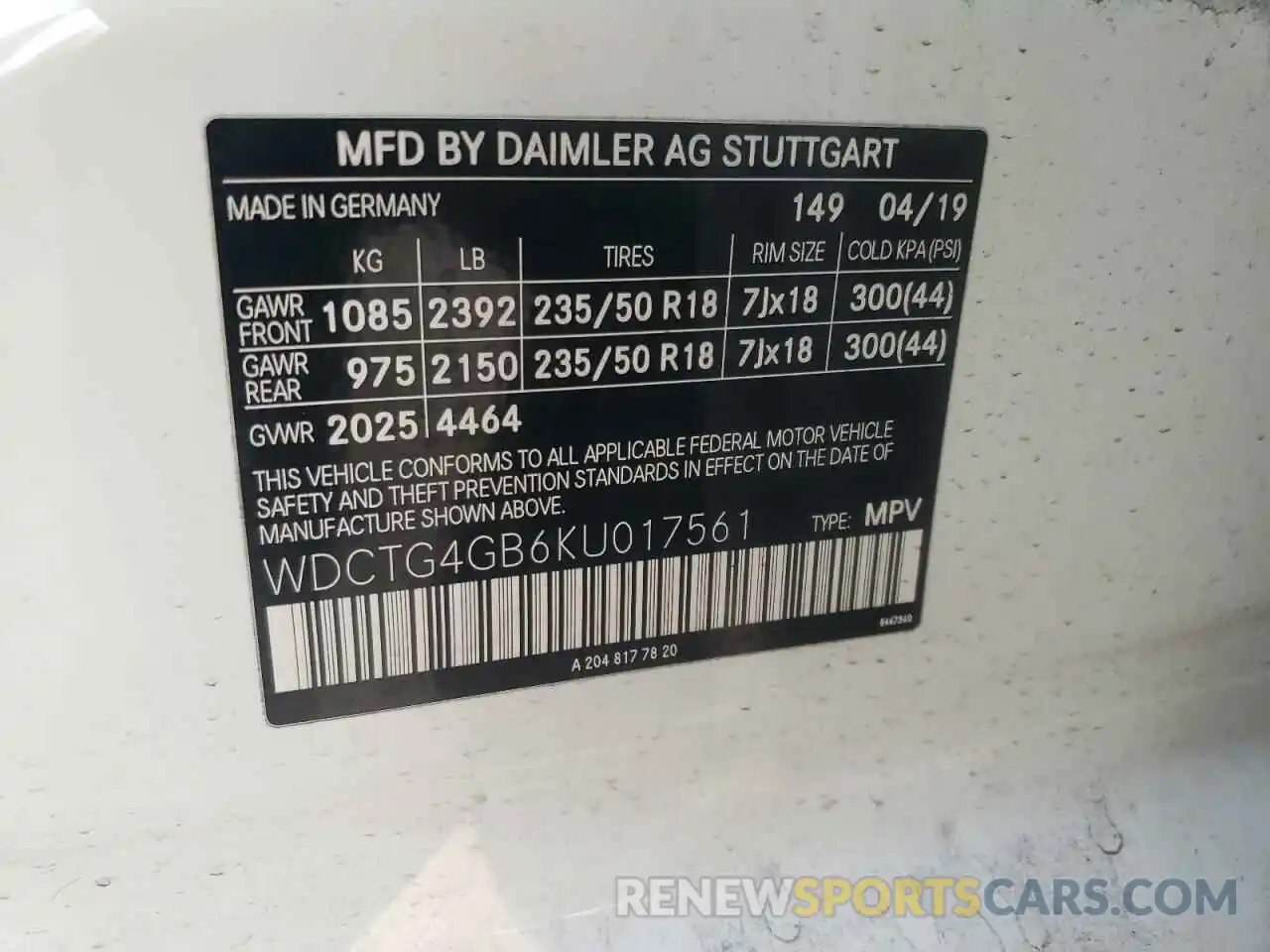 12 Photograph of a damaged car WDCTG4GB6KU017561 MERCEDES-BENZ GLA-CLASS 2019