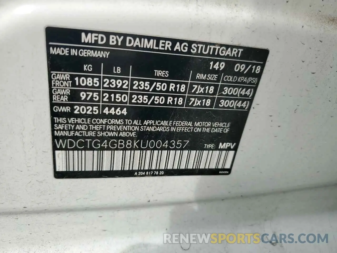 13 Photograph of a damaged car WDCTG4GB8KU004357 MERCEDES-BENZ GLA-CLASS 2019