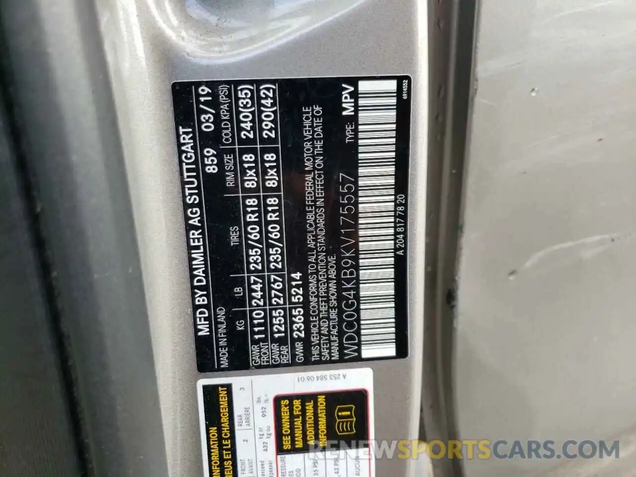 10 Photograph of a damaged car WDC0G4KB9KV175557 MERCEDES-BENZ GLC-CLASS 2019