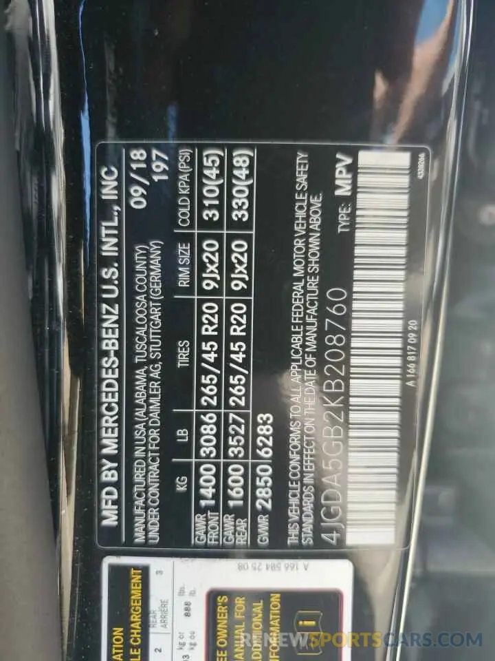 12 Photograph of a damaged car 4JGDA5GB2KB208760 MERCEDES-BENZ GLE-CLASS 2019