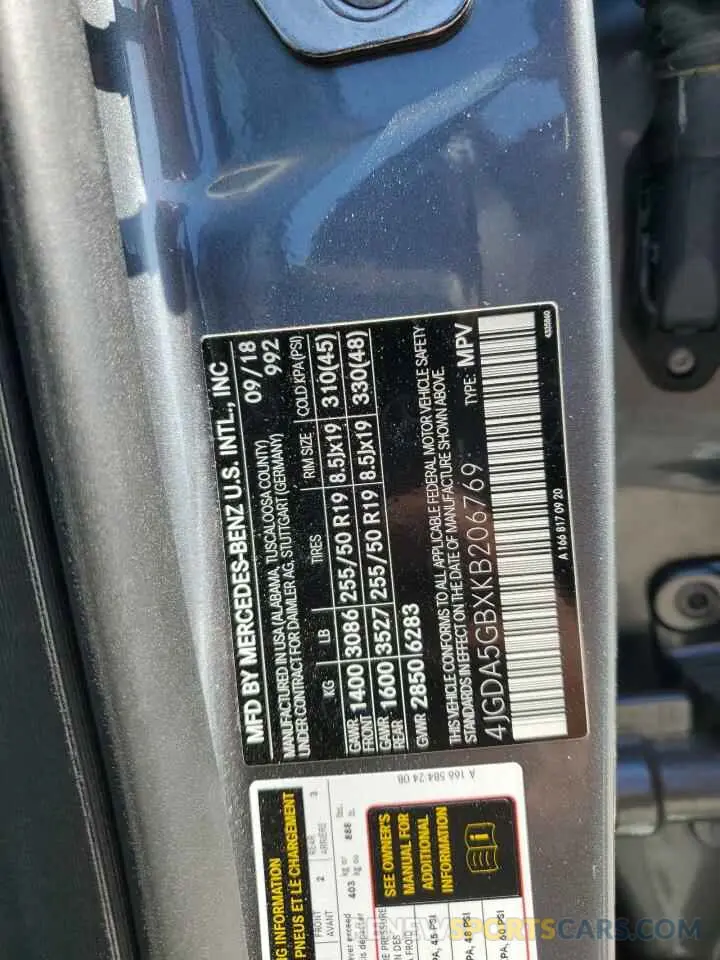 13 Photograph of a damaged car 4JGDA5GBXKB206769 MERCEDES-BENZ GLE-CLASS 2019