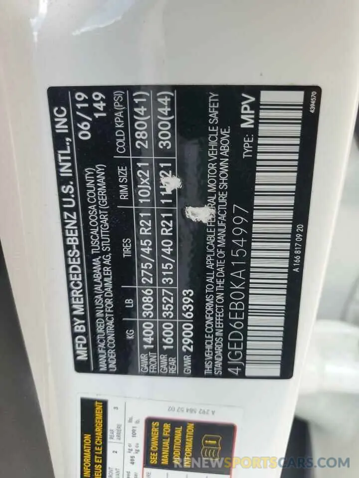 13 Photograph of a damaged car 4JGED6EB0KA154997 MERCEDES-BENZ GLE-CLASS 2019