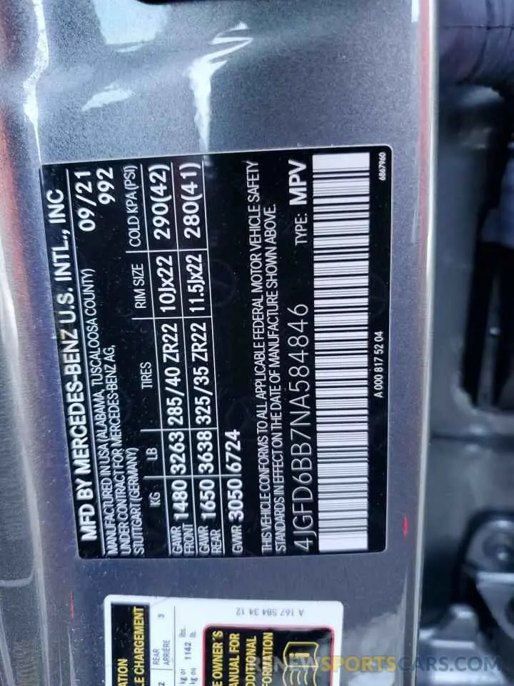 13 Photograph of a damaged car 4JGFD6BB7NA584846 MERCEDES-BENZ GLE-CLASS 2022