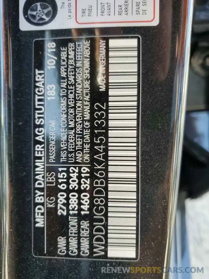 13 Photograph of a damaged car WDDUG8DB6KA451332 MERCEDES-BENZ S-CLASS 2019