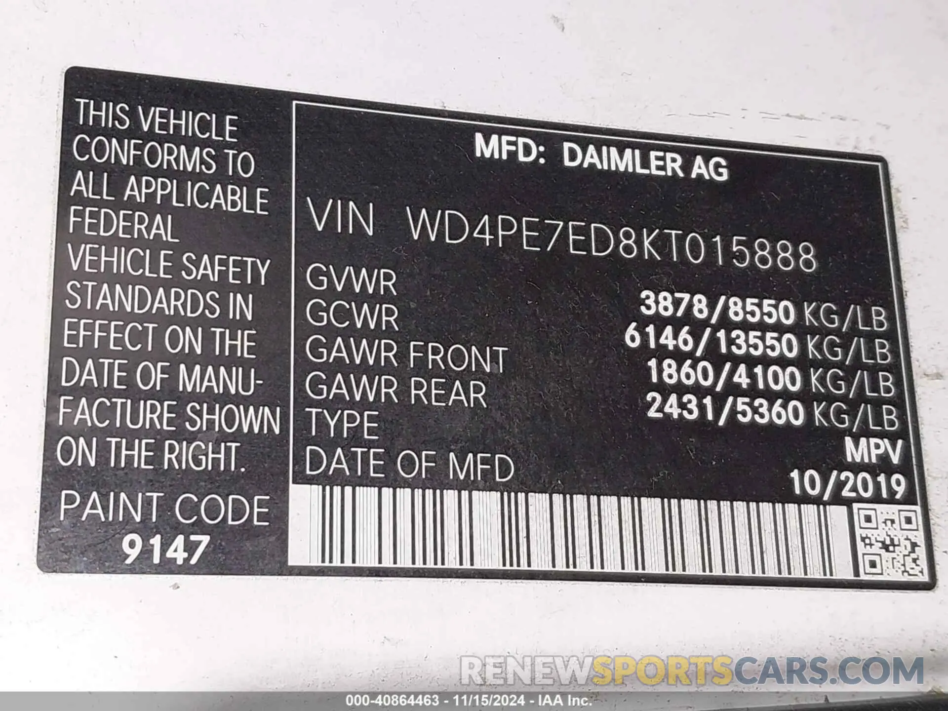 9 Photograph of a damaged car WD4PE7ED8KT015888 MERCEDES-BENZ SPRINTER 1500 2019