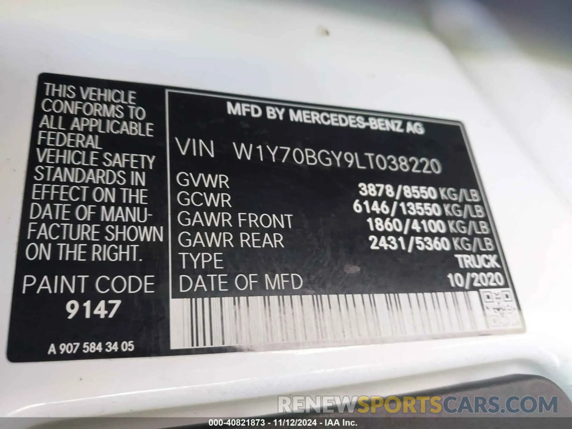 9 Photograph of a damaged car W1Y70BGY9LT038220 MERCEDES-BENZ SPRINTER 1500 2020