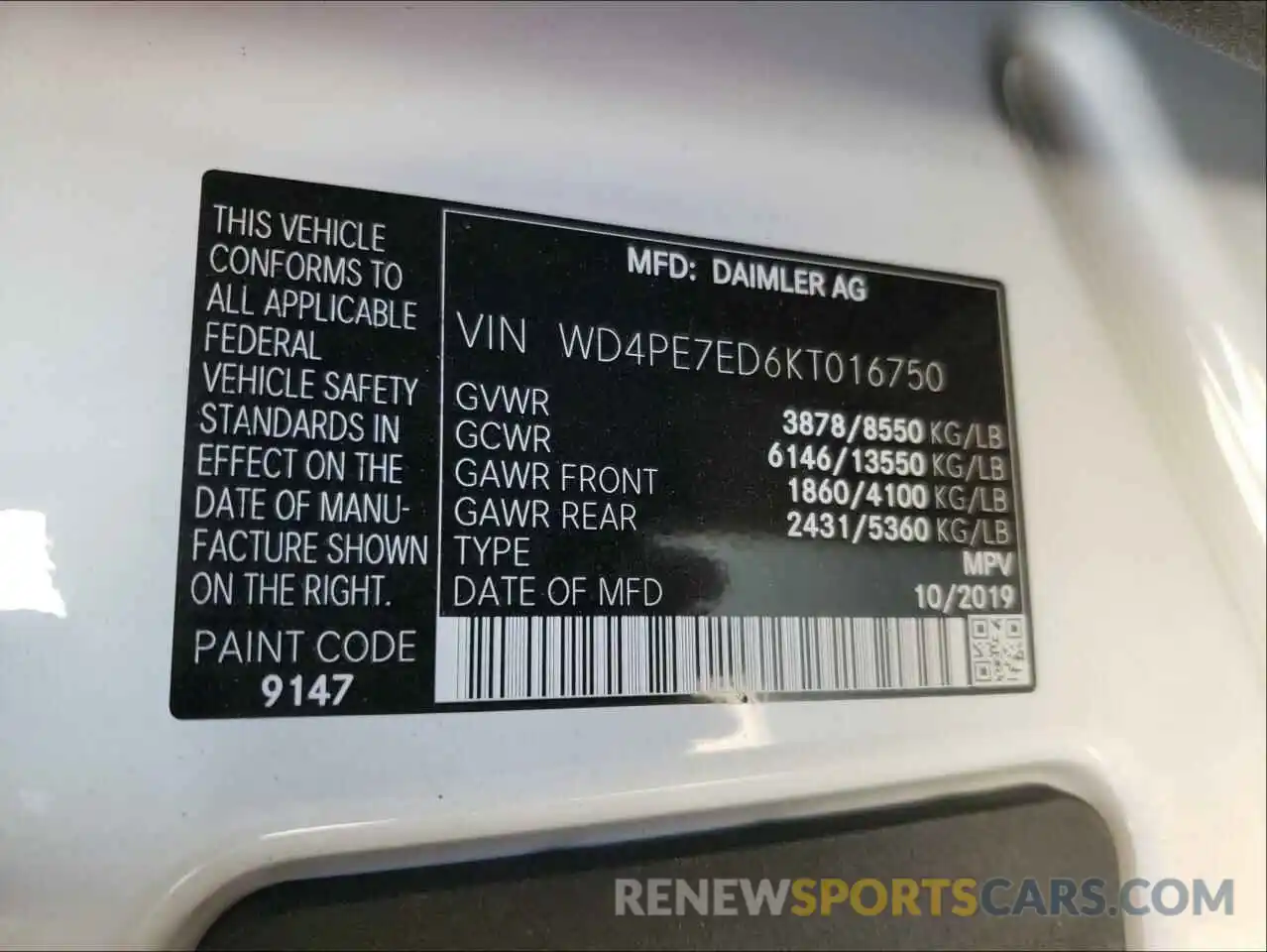 10 Photograph of a damaged car WD4PE7ED6KT016750 MERCEDES-BENZ SPRINTER 2019