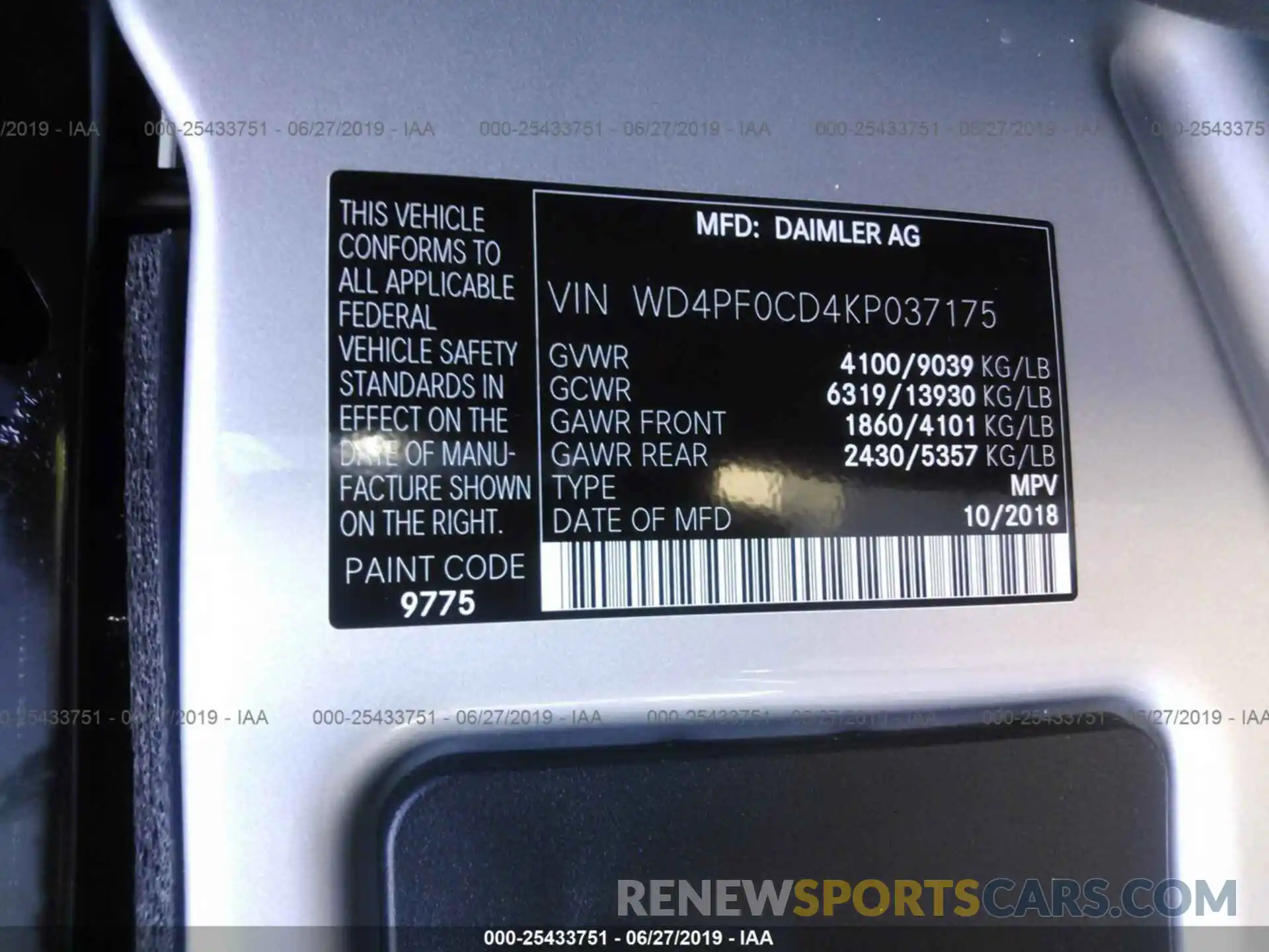 9 Photograph of a damaged car WD4PF0CD4KP037175 MERCEDES-BENZ SPRINTER 2019