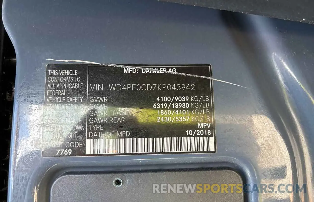 10 Photograph of a damaged car WD4PF0CD7KP043942 MERCEDES-BENZ SPRINTER 2019