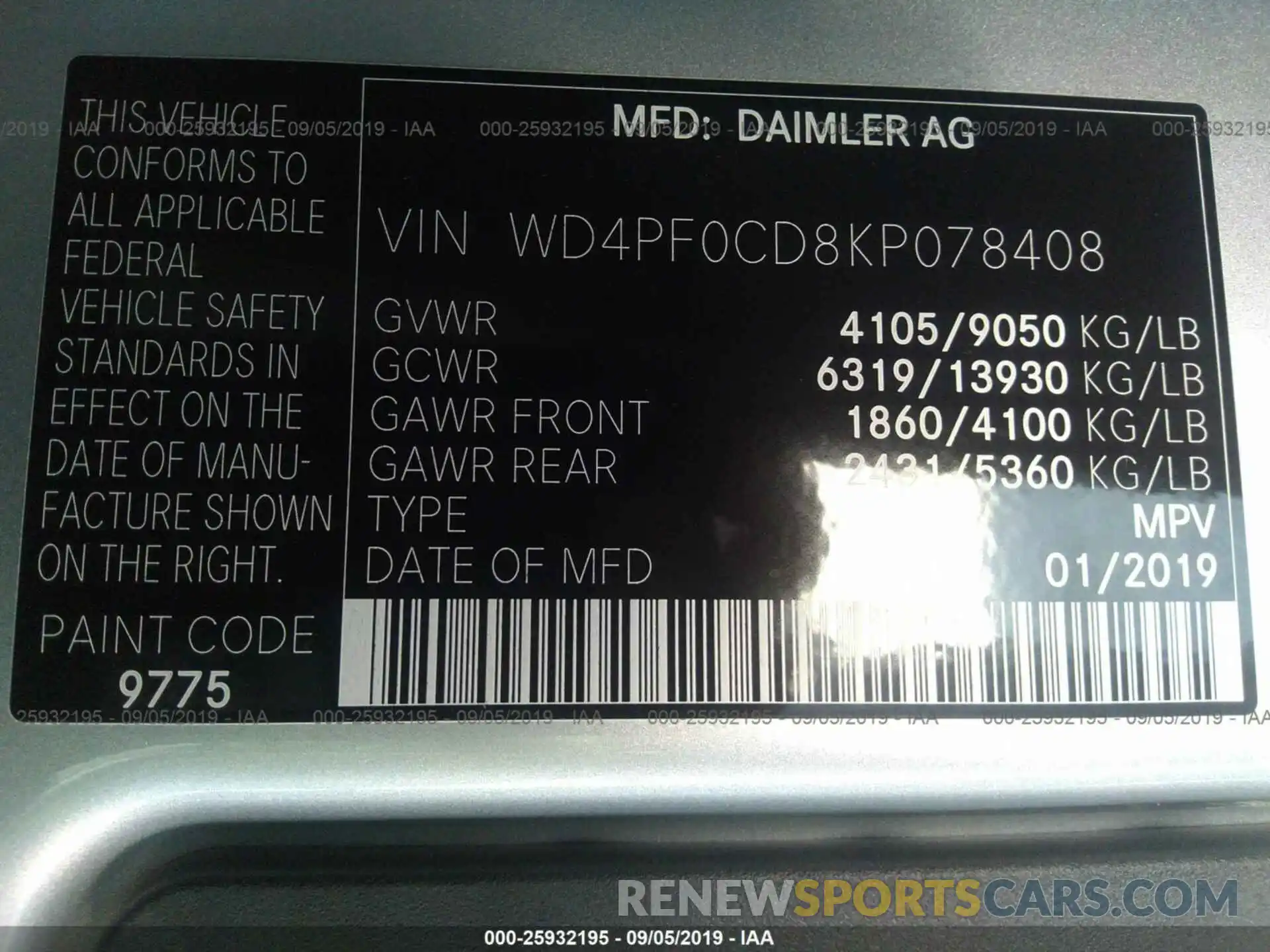 9 Photograph of a damaged car WD4PF0CD8KP078408 MERCEDES-BENZ SPRINTER 2019