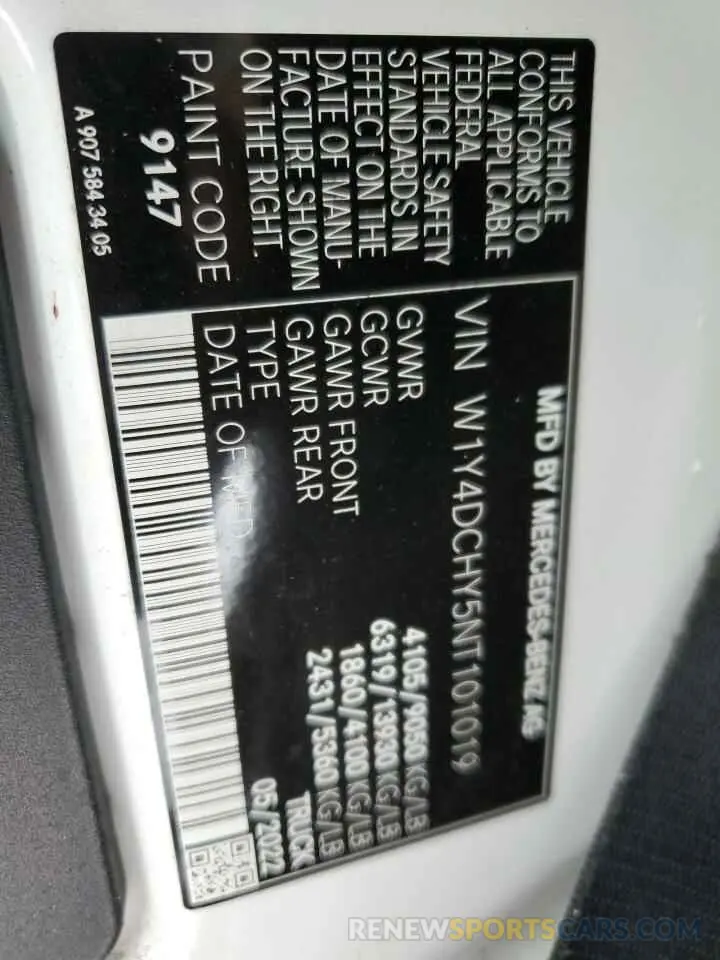 10 Photograph of a damaged car W1Y4DCHY5NT101019 MERCEDES-BENZ SPRINTER 2022