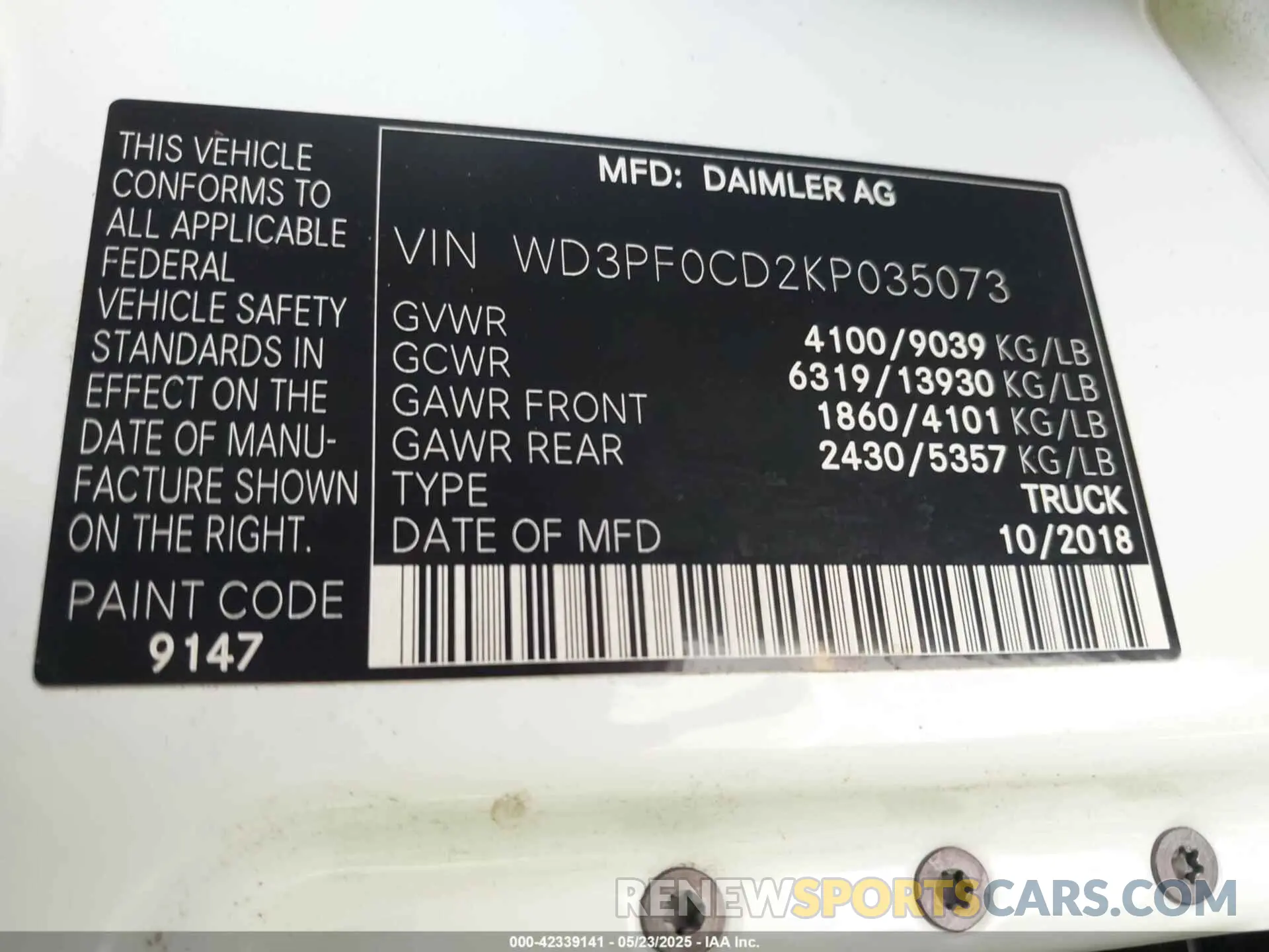 9 Photograph of a damaged car WD3PF0CD2KP035073 MERCEDES-BENZ SPRINTER 2500 2019