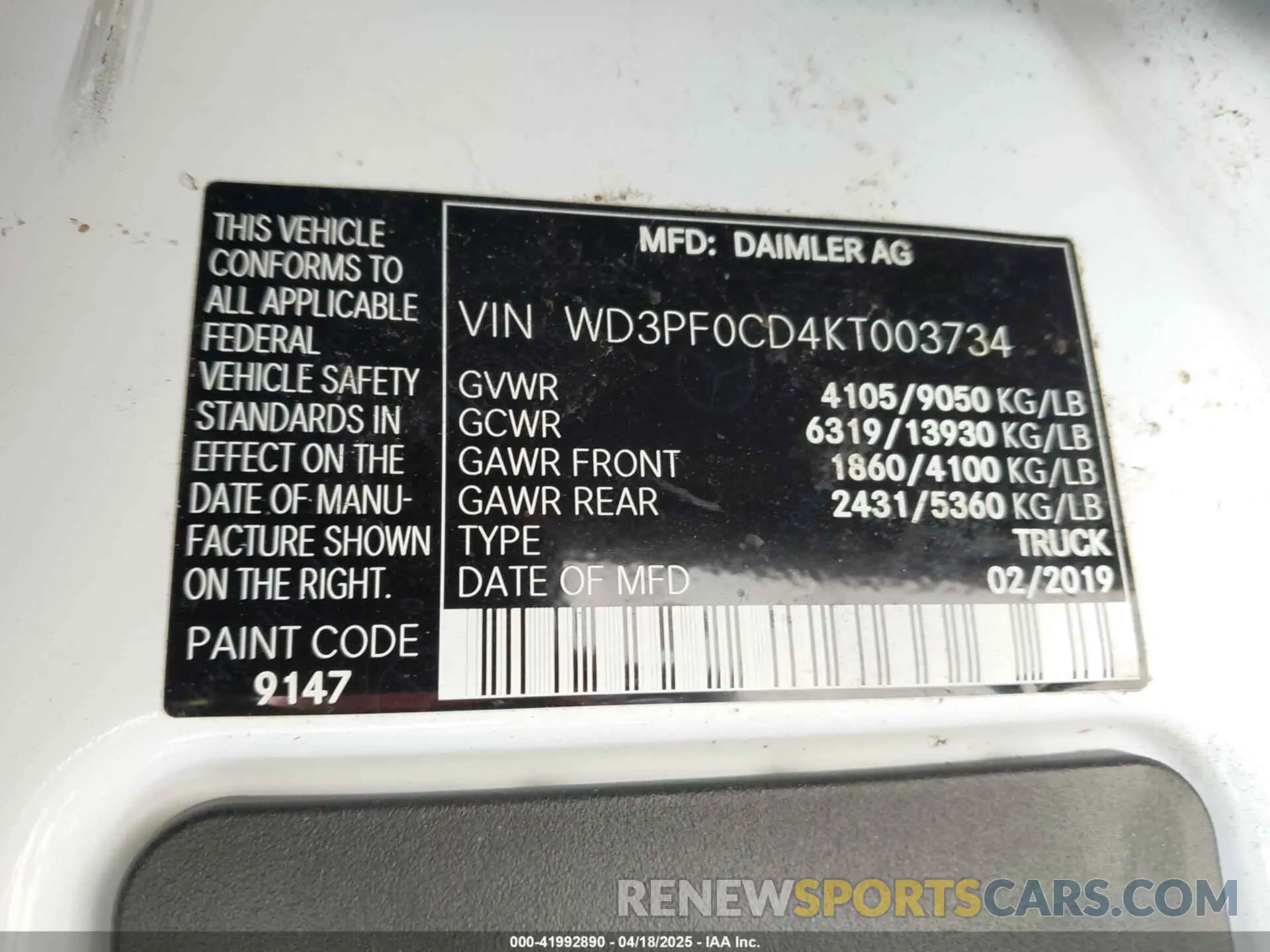 9 Photograph of a damaged car WD3PF0CD4KT003734 MERCEDES-BENZ SPRINTER 2500 2019