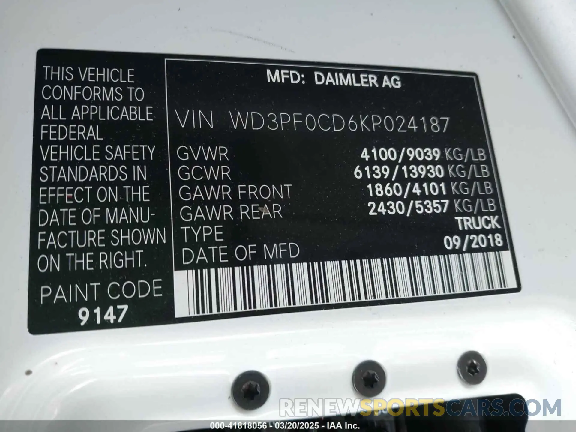 9 Photograph of a damaged car WD3PF0CD6KP024187 MERCEDES-BENZ SPRINTER 2500 2019