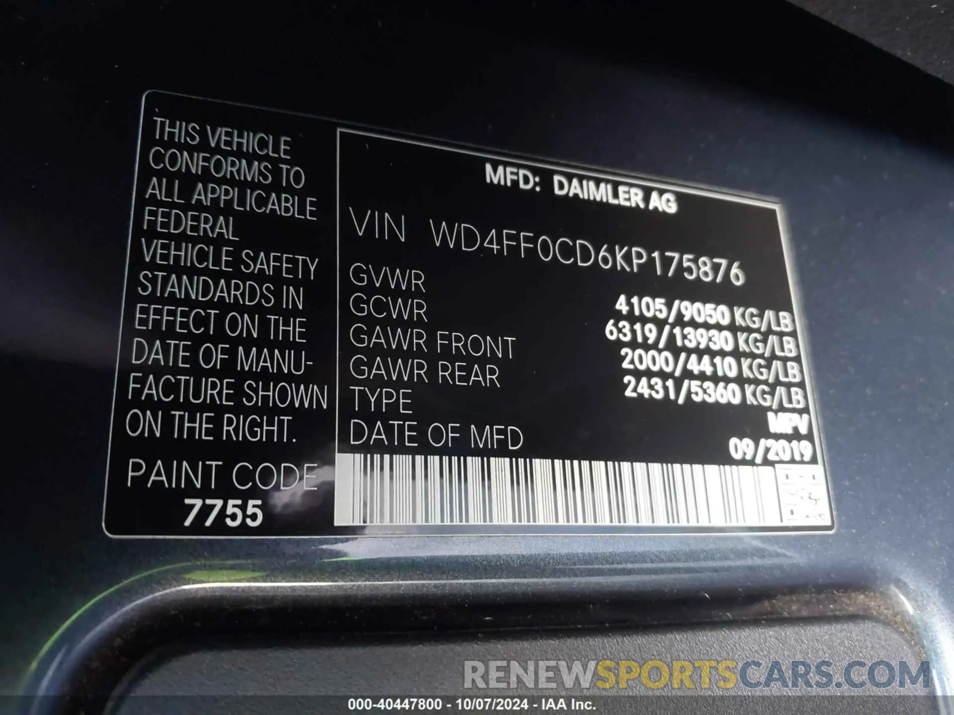 9 Photograph of a damaged car WD4FF0CD6KP175876 MERCEDES-BENZ SPRINTER 2500 2019