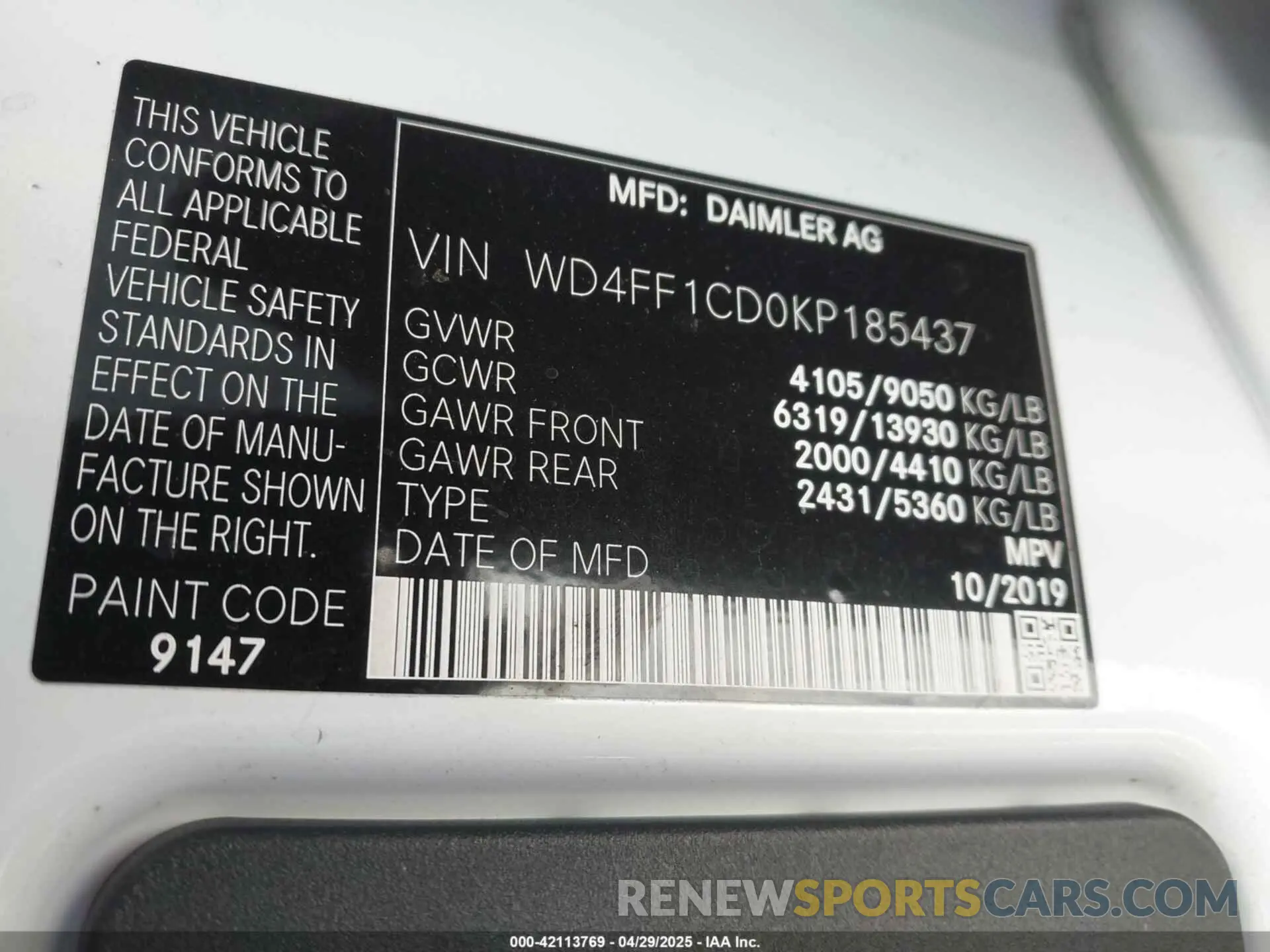 9 Photograph of a damaged car WD4FF1CD0KP185437 MERCEDES-BENZ SPRINTER 2500 2019