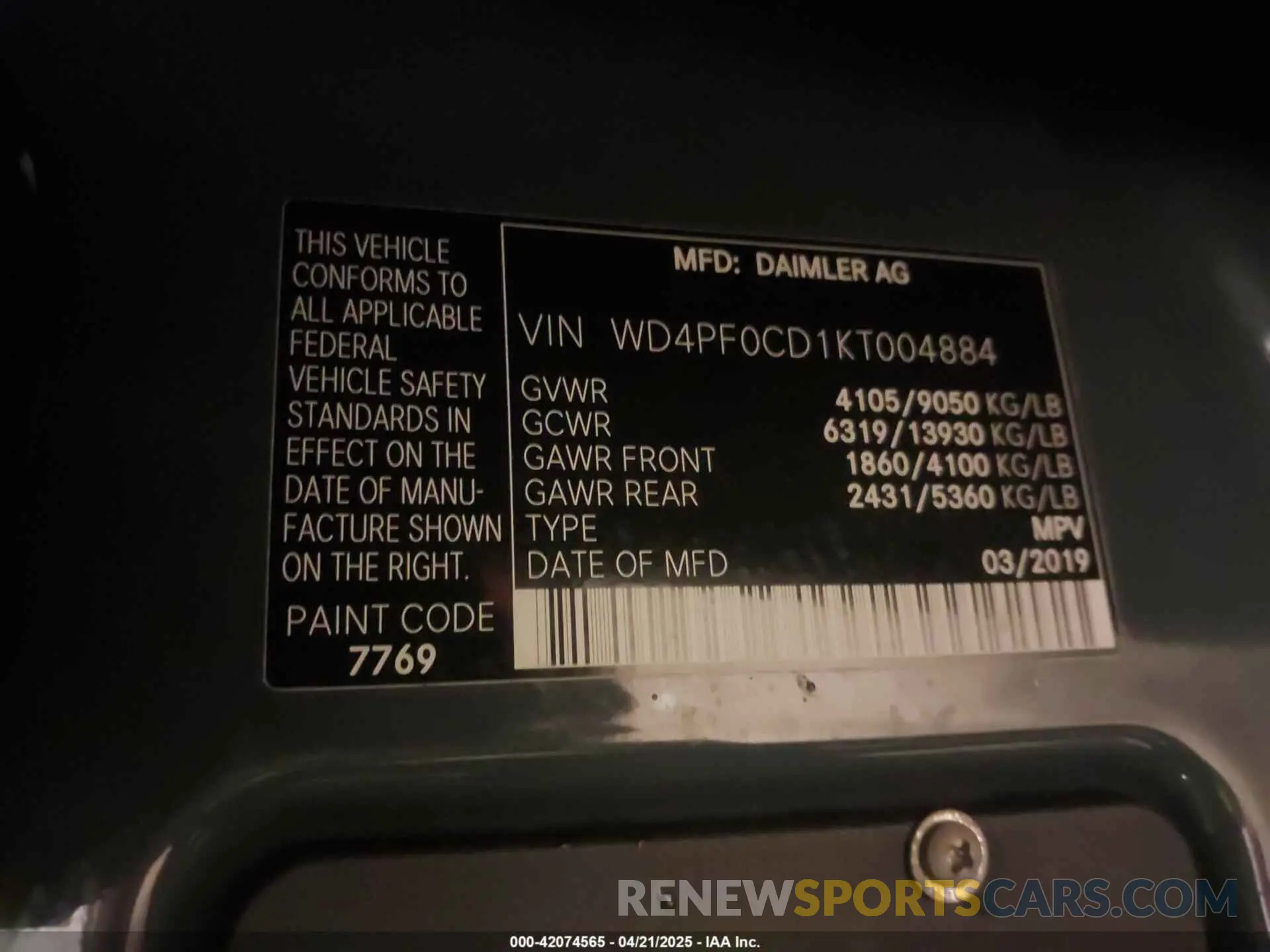 9 Photograph of a damaged car WD4PF0CD1KT004884 MERCEDES-BENZ SPRINTER 2500 2019