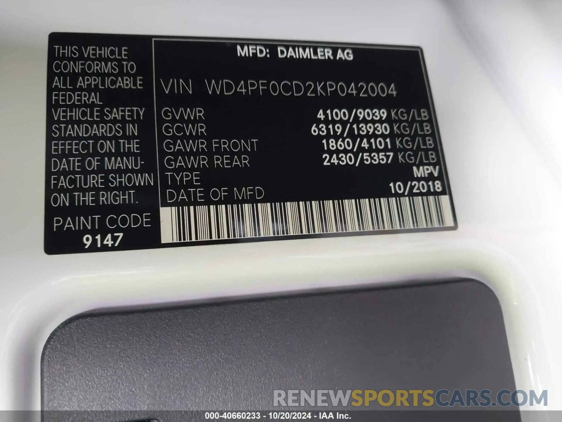 9 Photograph of a damaged car WD4PF0CD2KP042004 MERCEDES-BENZ SPRINTER 2500 2019