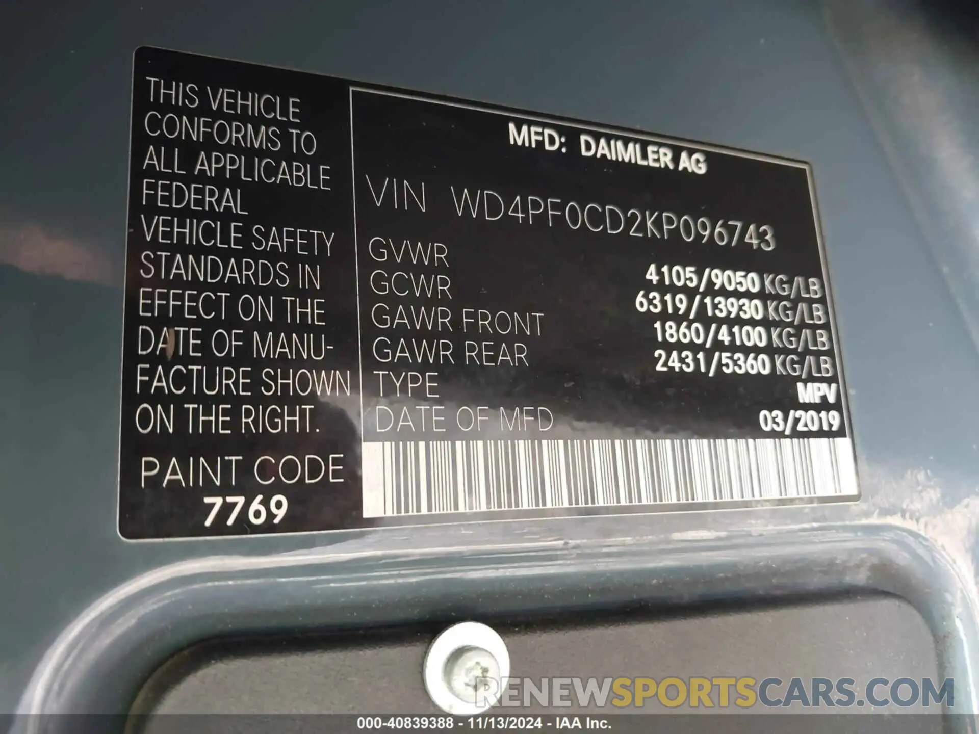 9 Photograph of a damaged car WD4PF0CD2KP096743 MERCEDES-BENZ SPRINTER 2500 2019