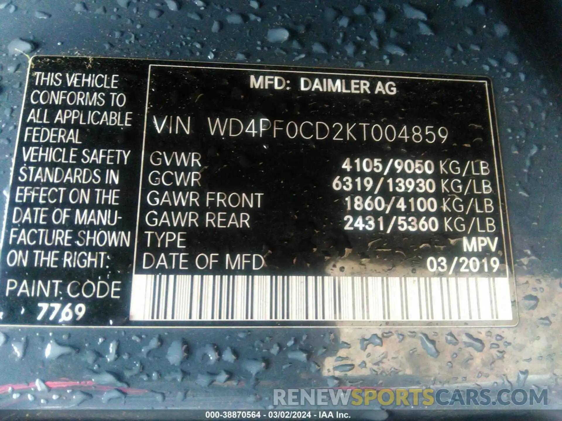 9 Photograph of a damaged car WD4PF0CD2KT004859 MERCEDES-BENZ SPRINTER 2500 2019