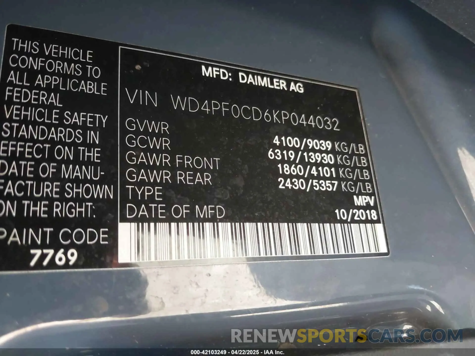 9 Photograph of a damaged car WD4PF0CD6KP044032 MERCEDES-BENZ SPRINTER 2500 2019