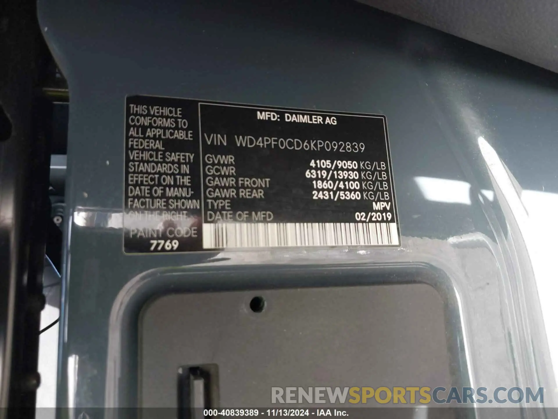 9 Photograph of a damaged car WD4PF0CD6KP092839 MERCEDES-BENZ SPRINTER 2500 2019